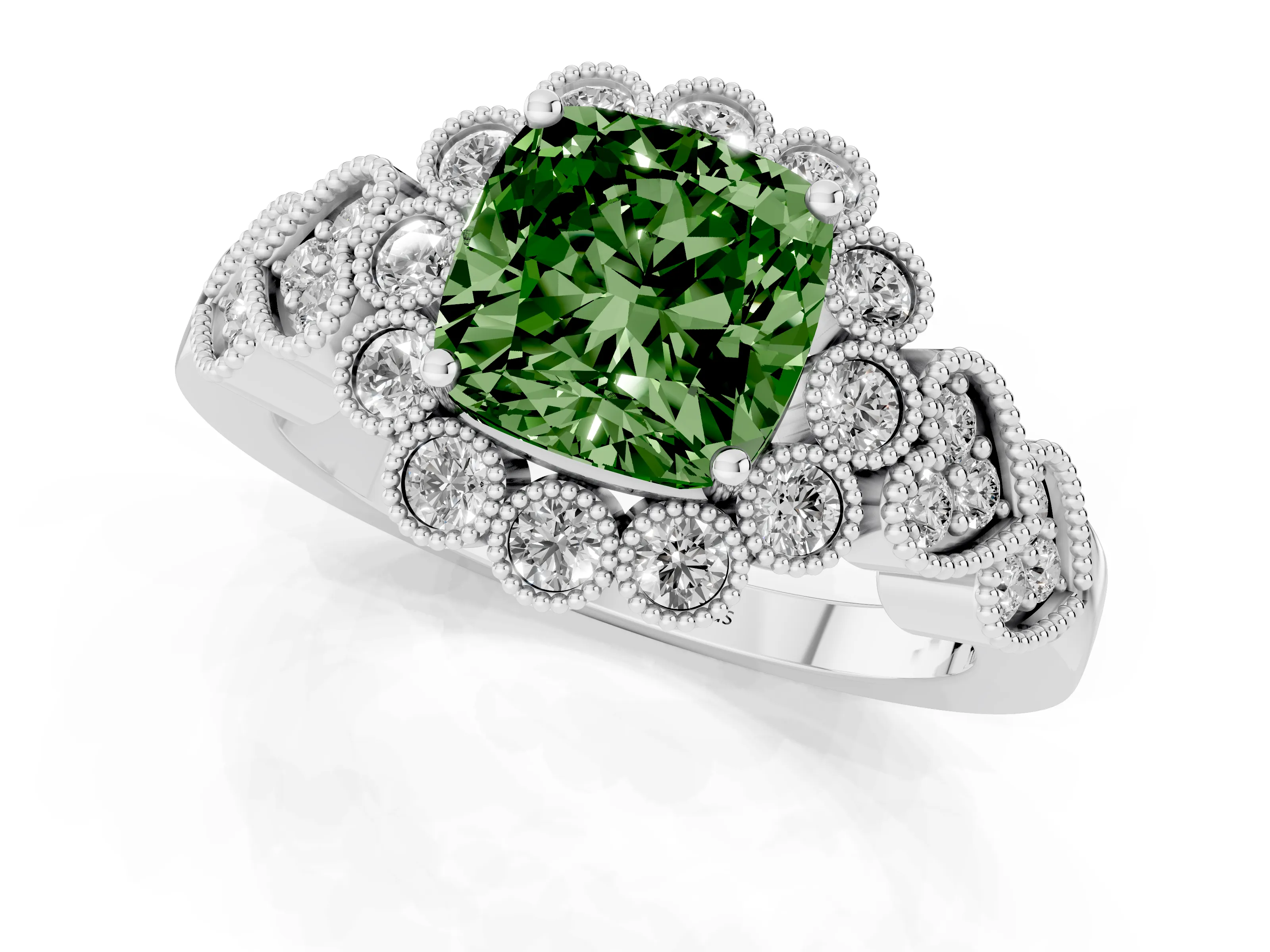 Fancy Green Cushion Cut Diamond Solitaire Ring Set in White gold with Milgrain Pavé Heart Band