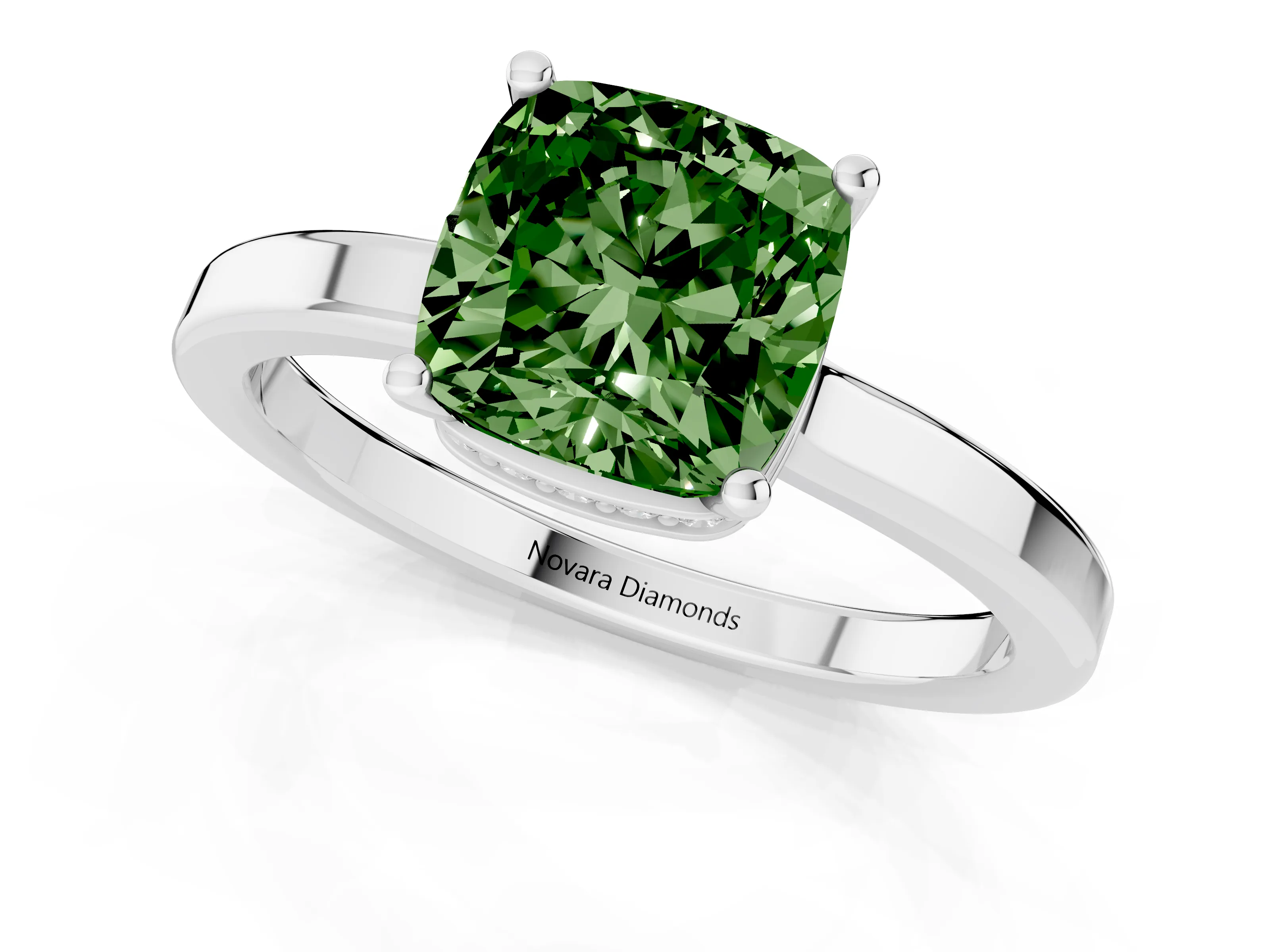 Fancy Green Cushion Cut Diamond Solitaire Engagement Ring Set in White gold with Prong Setting on a Plain Band