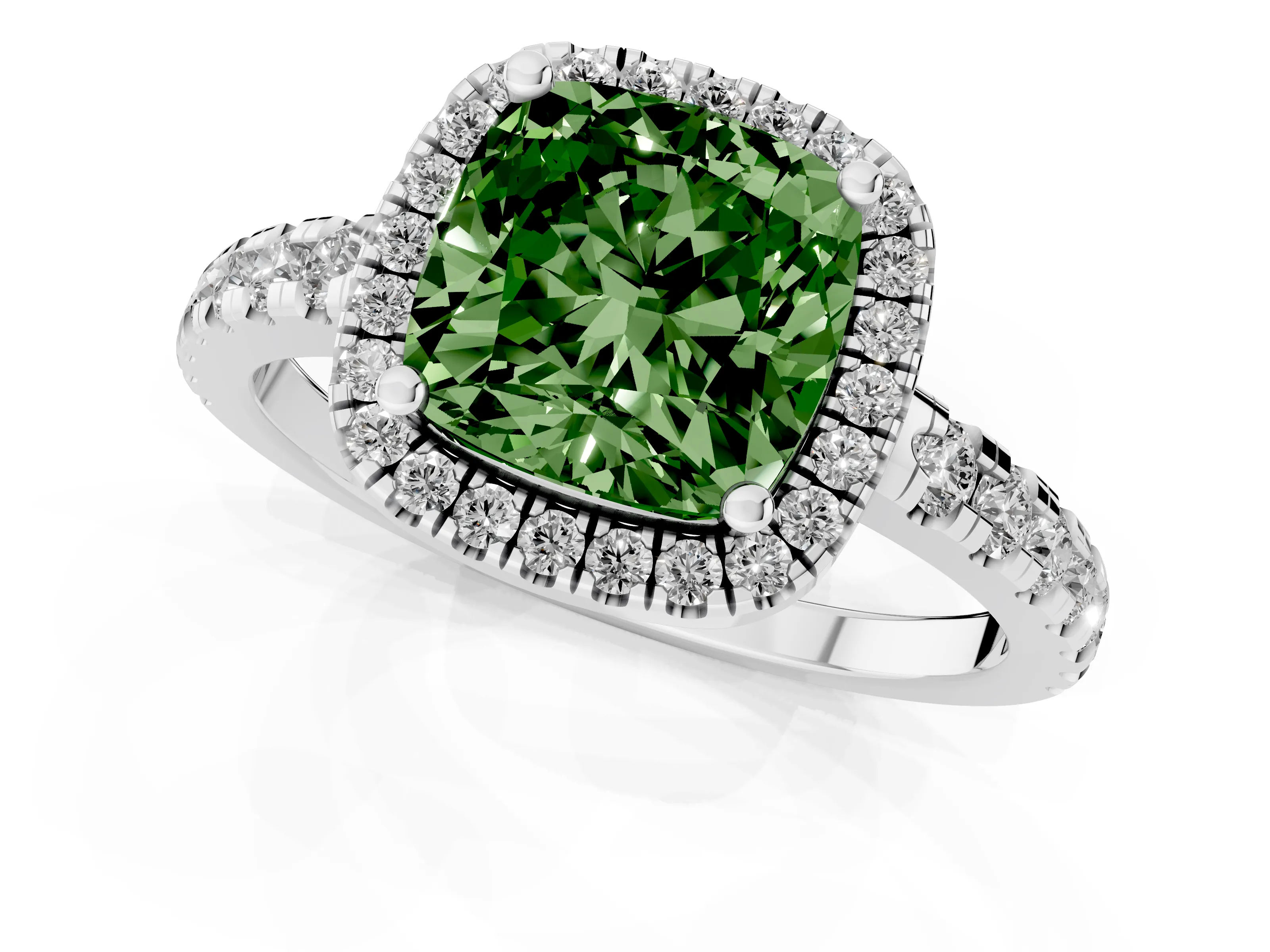 Fancy Green Cushion Cut Diamond Halo Ring Set in Platinum with Delicate Pavé Band and Prong Setting