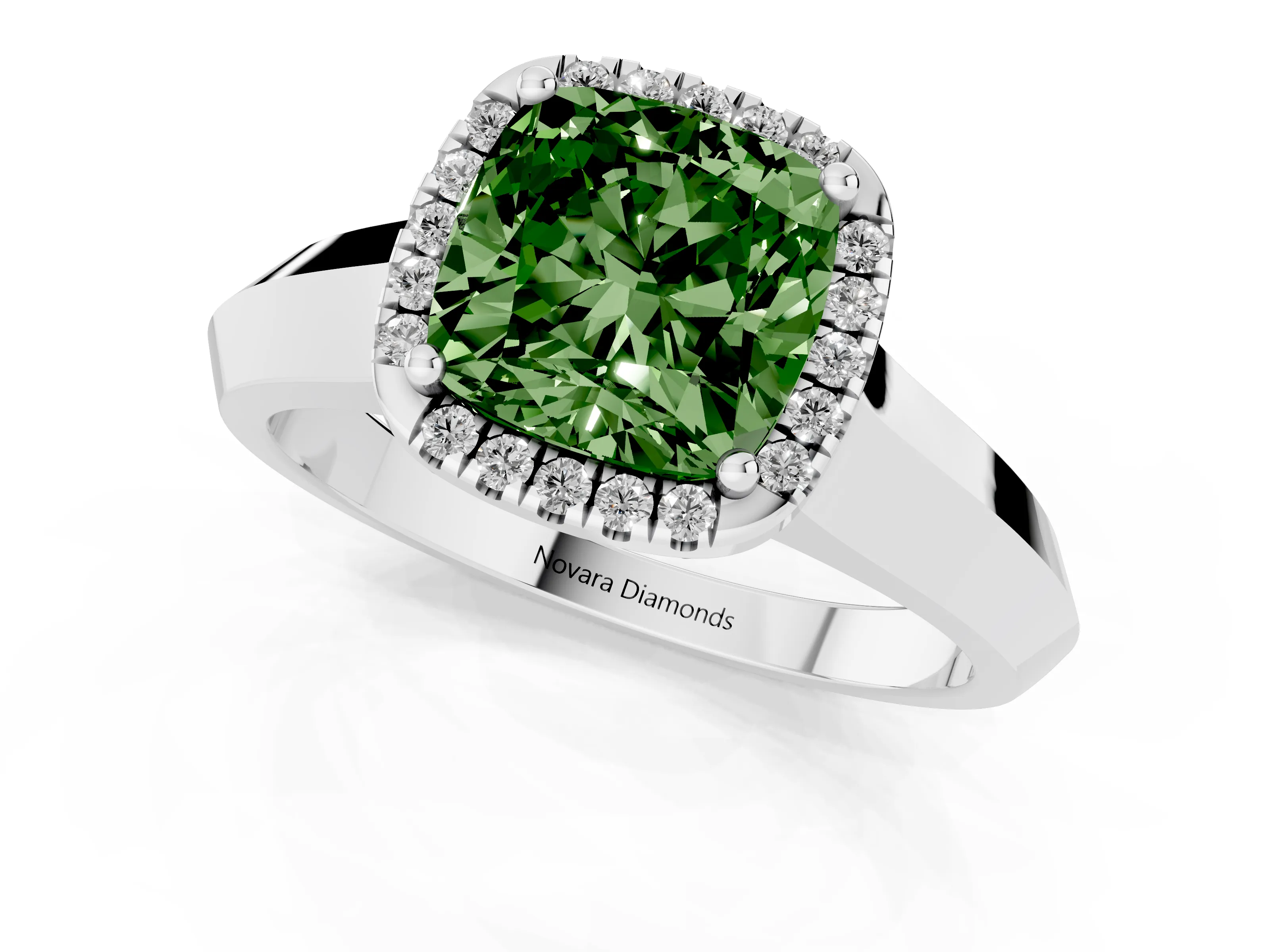 Fancy Green Cushion Cut Diamond Halo Ring Set in White gold with Cathedral Band and Prong Setting