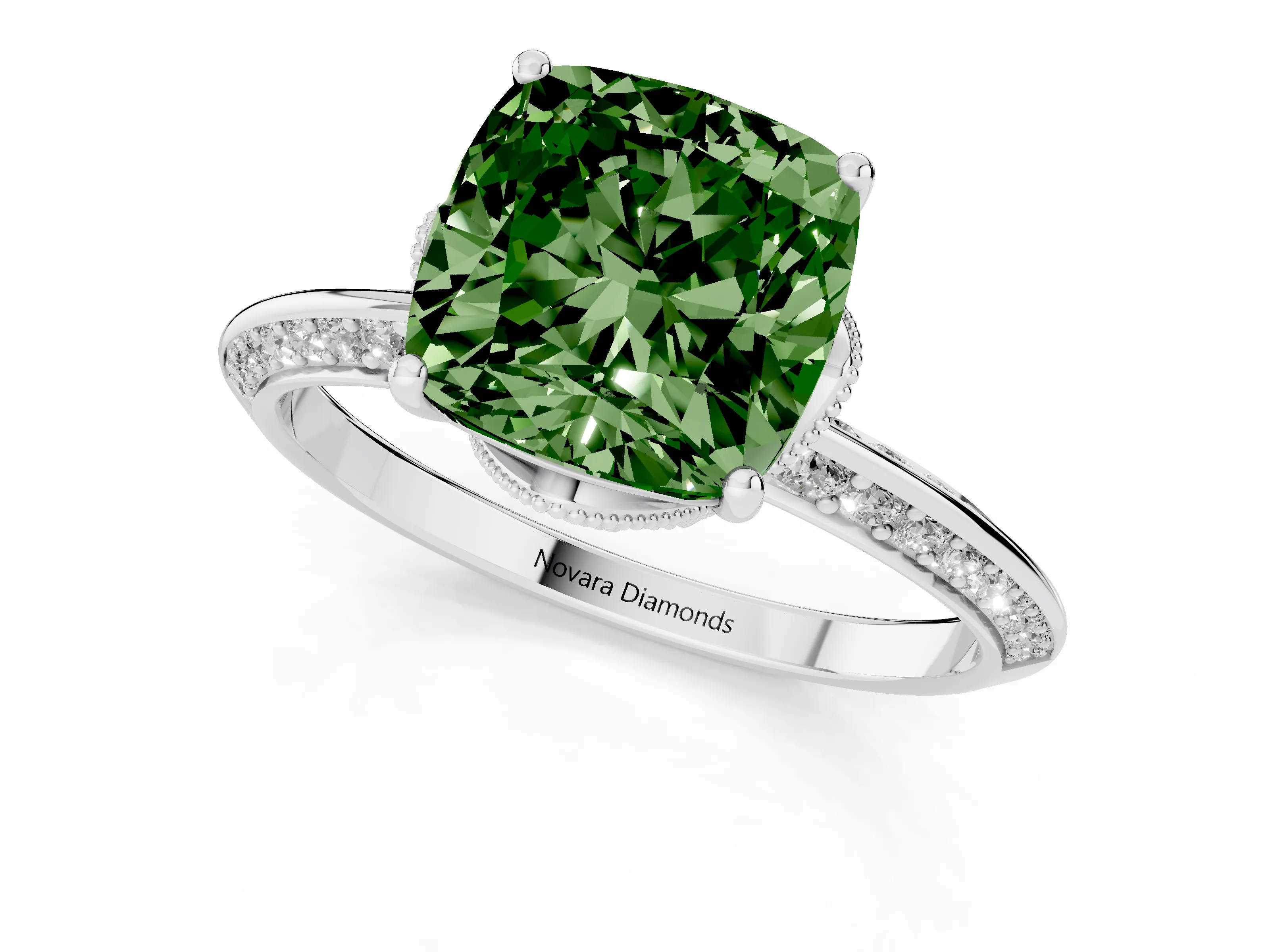 Fancy Green Cushion Cut Diamond Solitaire Engagement Ring Set in Silver with Pavé Split Shank and Prong Setting