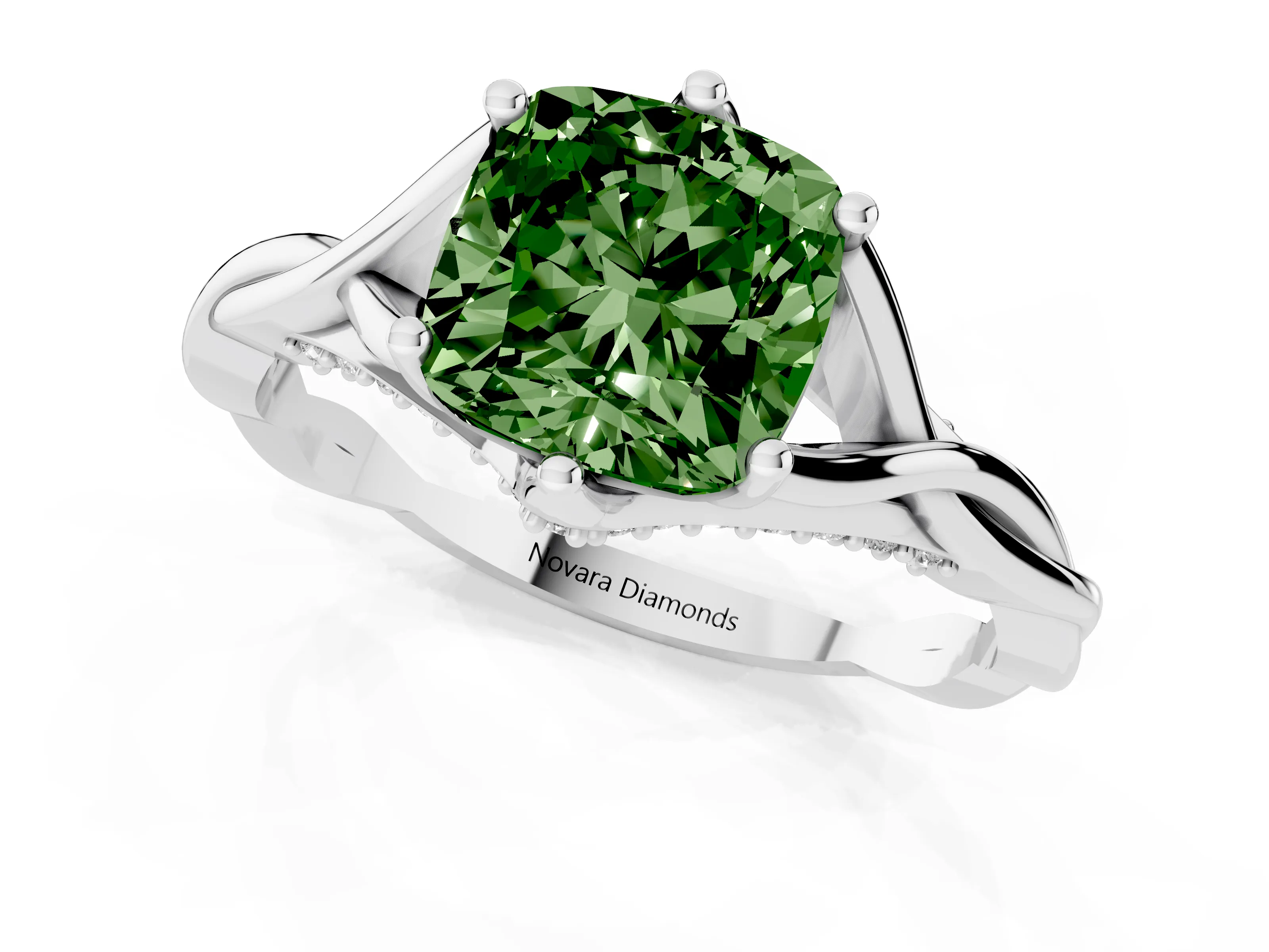 Fancy Green Cushion Cut Diamond Intertwined Twist Band Solitaire Ring Set in White gold with Prong Setting