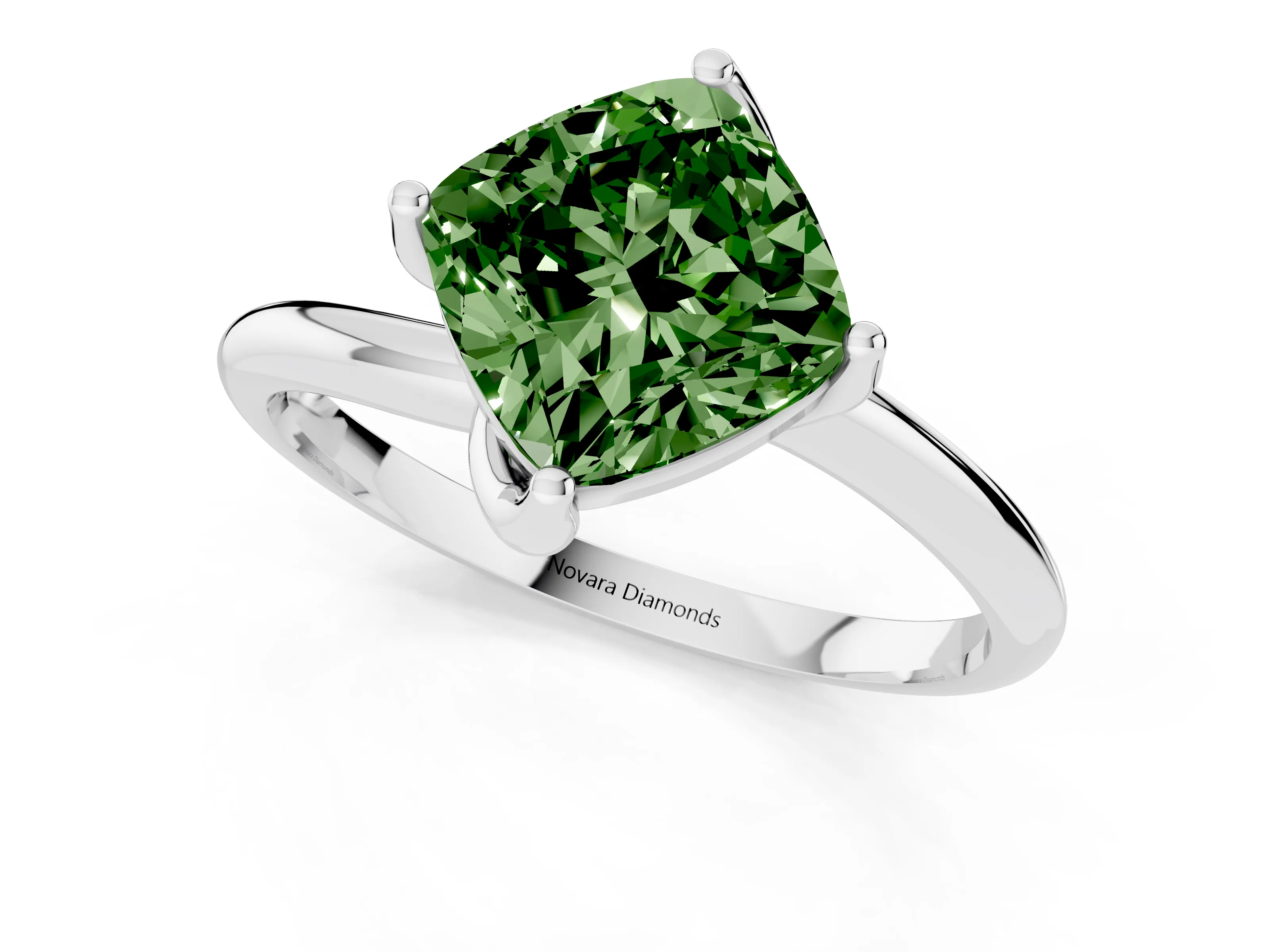 Fancy Green Cushion Cut Diamond Solitaire Engagement Ring Set in Platinum with Classic Plain Band