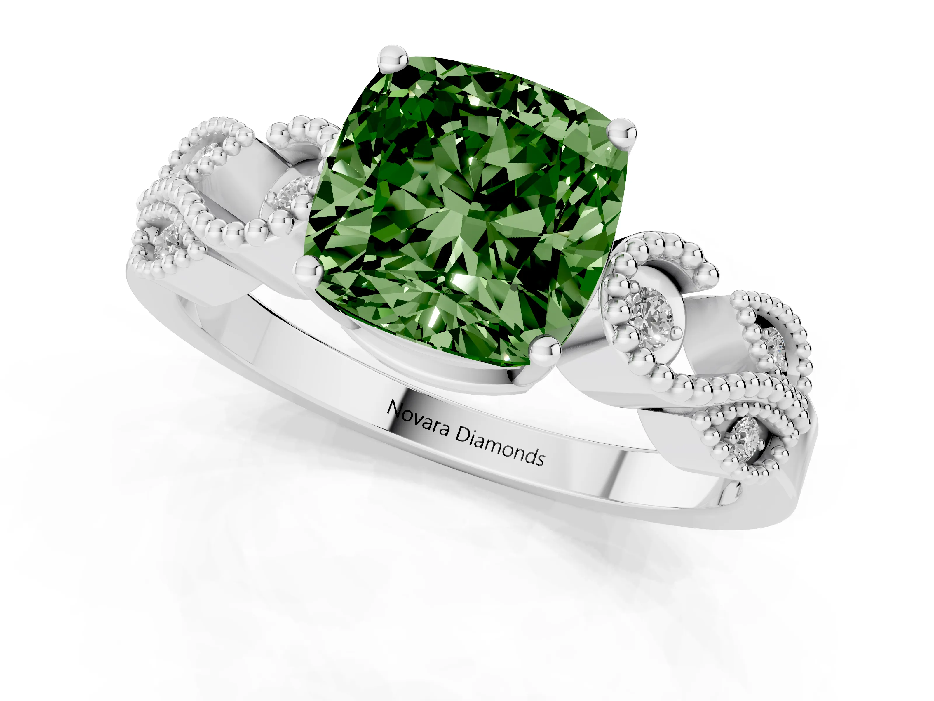 Fancy Green Cushion Cut Diamond Milgrain Leaf Band Solitaire Ring Set in White gold with Accent Stones and Prong Setting