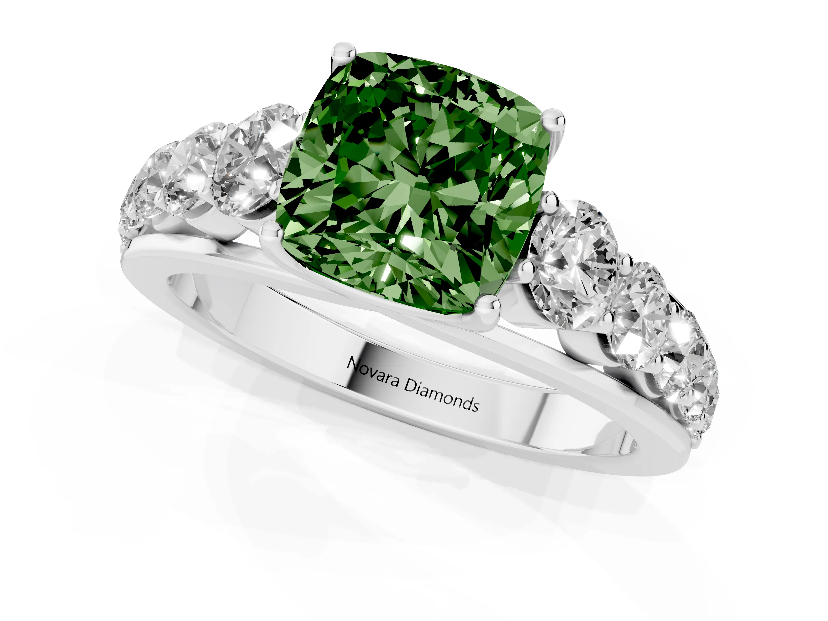 Fancy Green Cushion Cut Diamond Solitaire Ring Set in Silver with Pavé-Set Band and Prong Setting