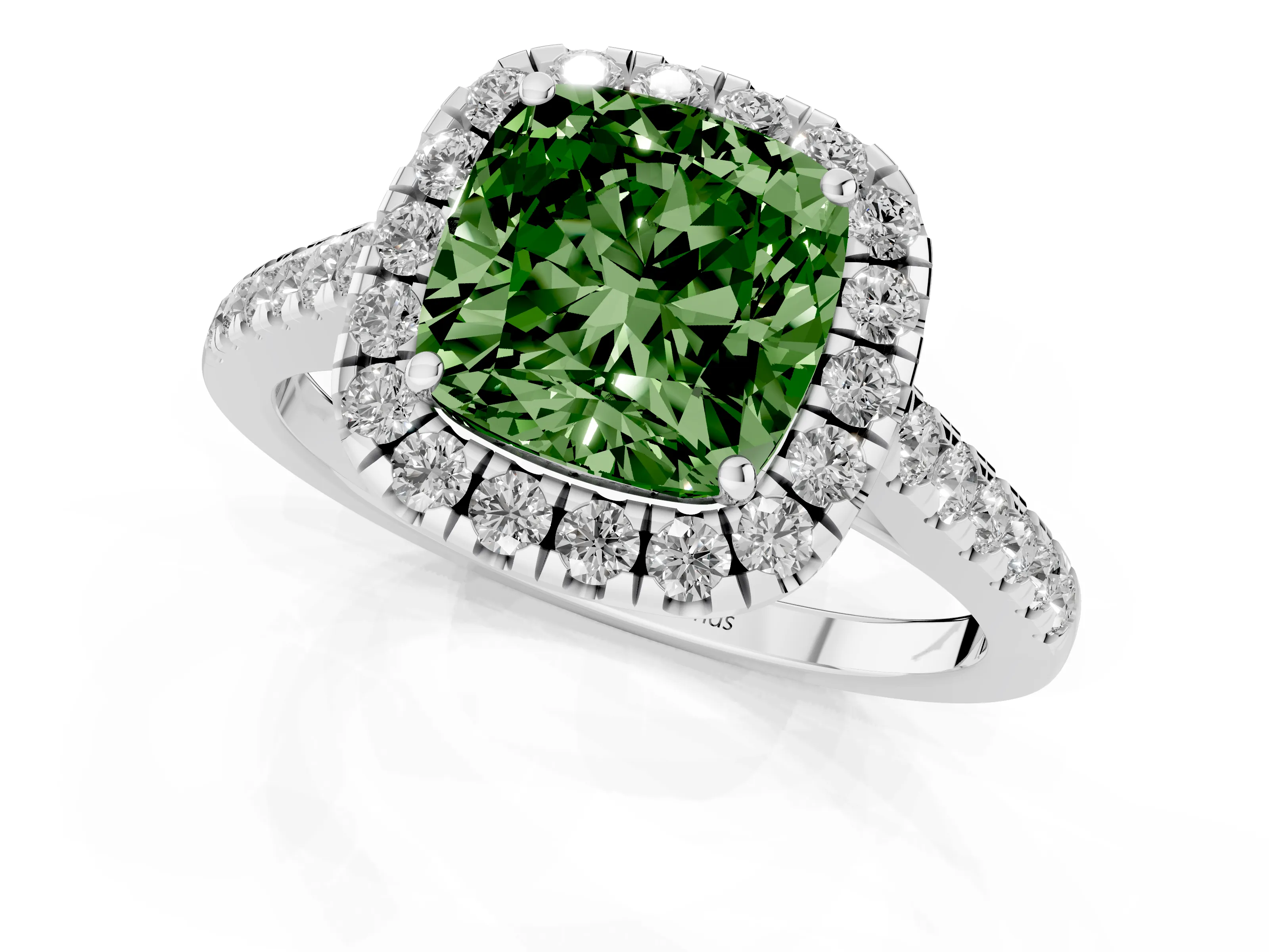 Fancy Green Cushion Cut Diamond Halo Pavé Engagement Ring Set in White gold with Prong Setting