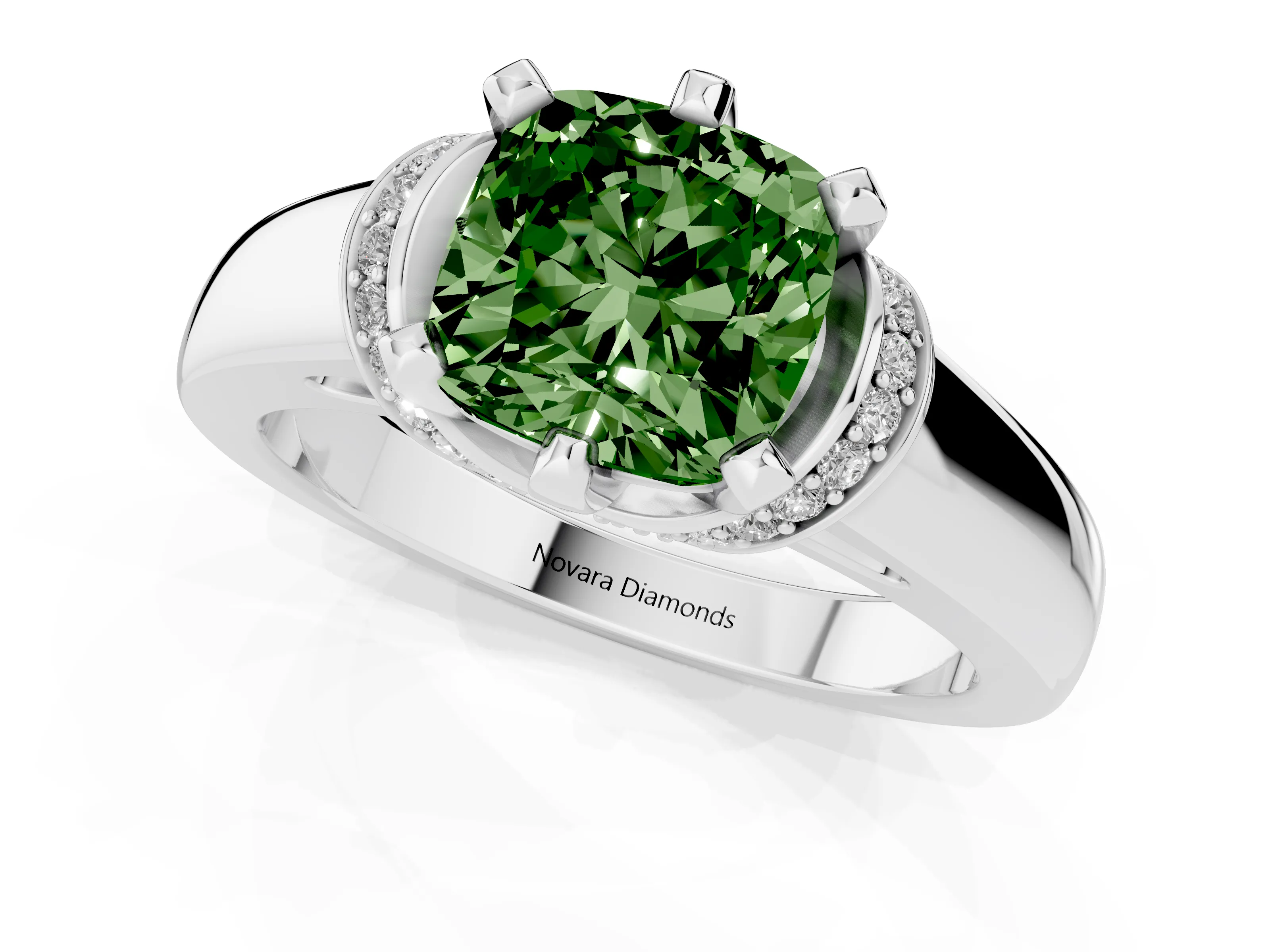 Fancy Green Cushion Cut Diamond Pavé Band Solitaire Ring Set in Silver with Prong Setting