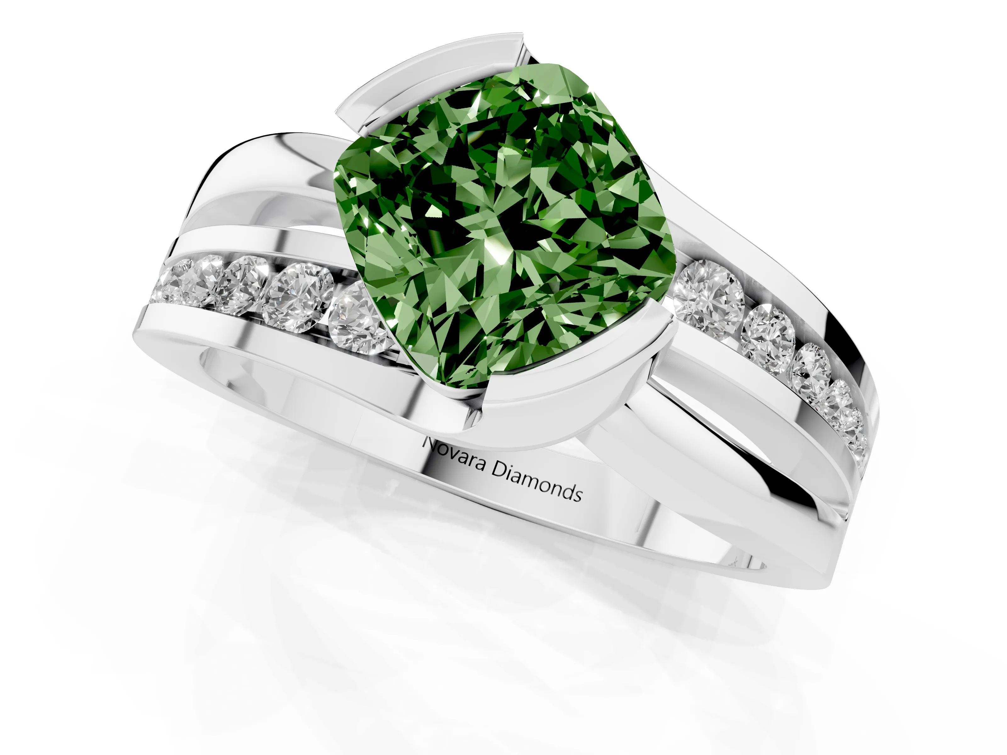 Fancy Green Cushion Cut Diamond Solitaire Ring Set in White gold with Channel Set Split Shank and Tension Prongs