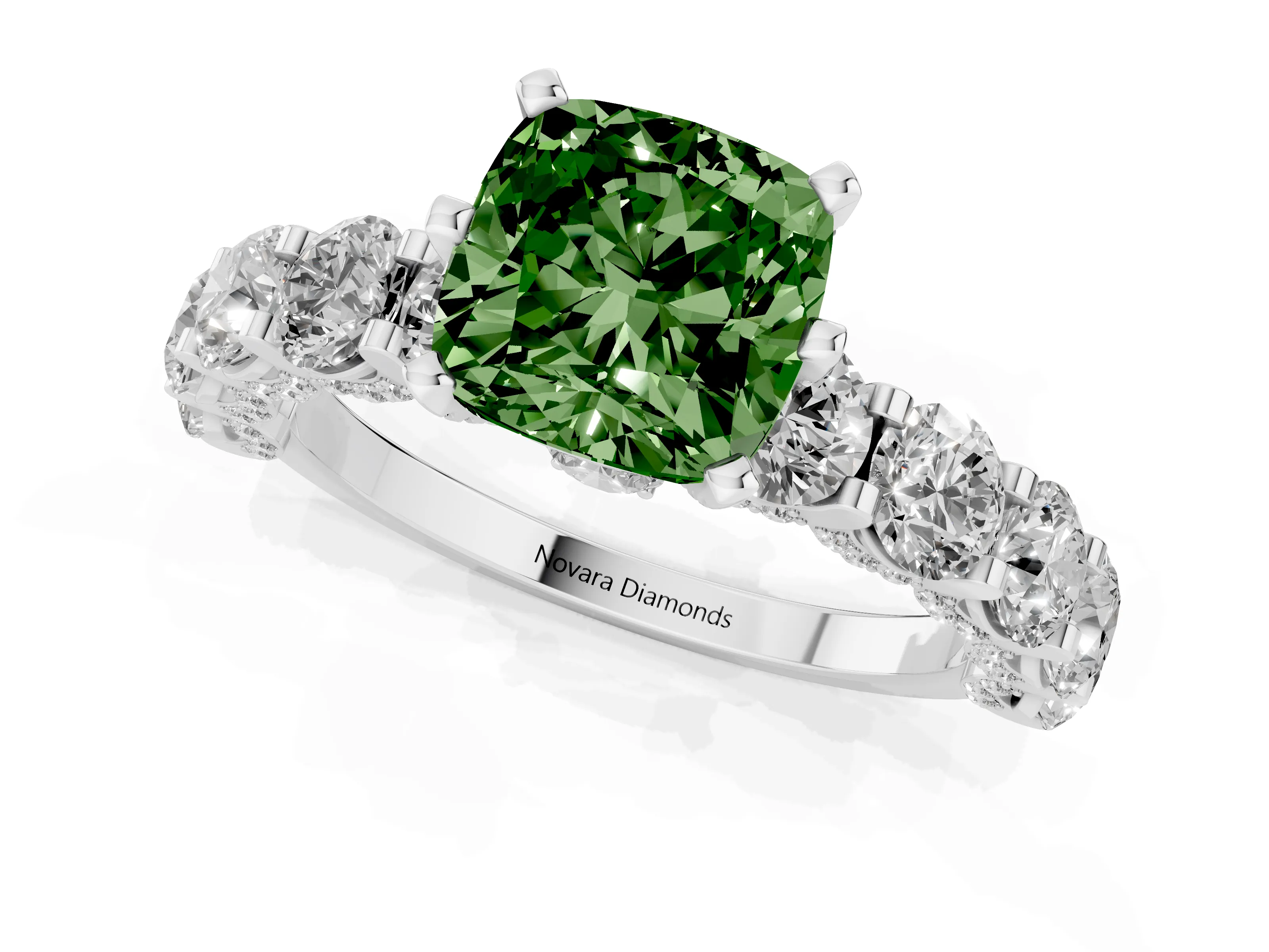 Fancy Green Cushion Cut Diamond Side Stone Ring Set in Silver with Alternating Round and Oval Side Stones