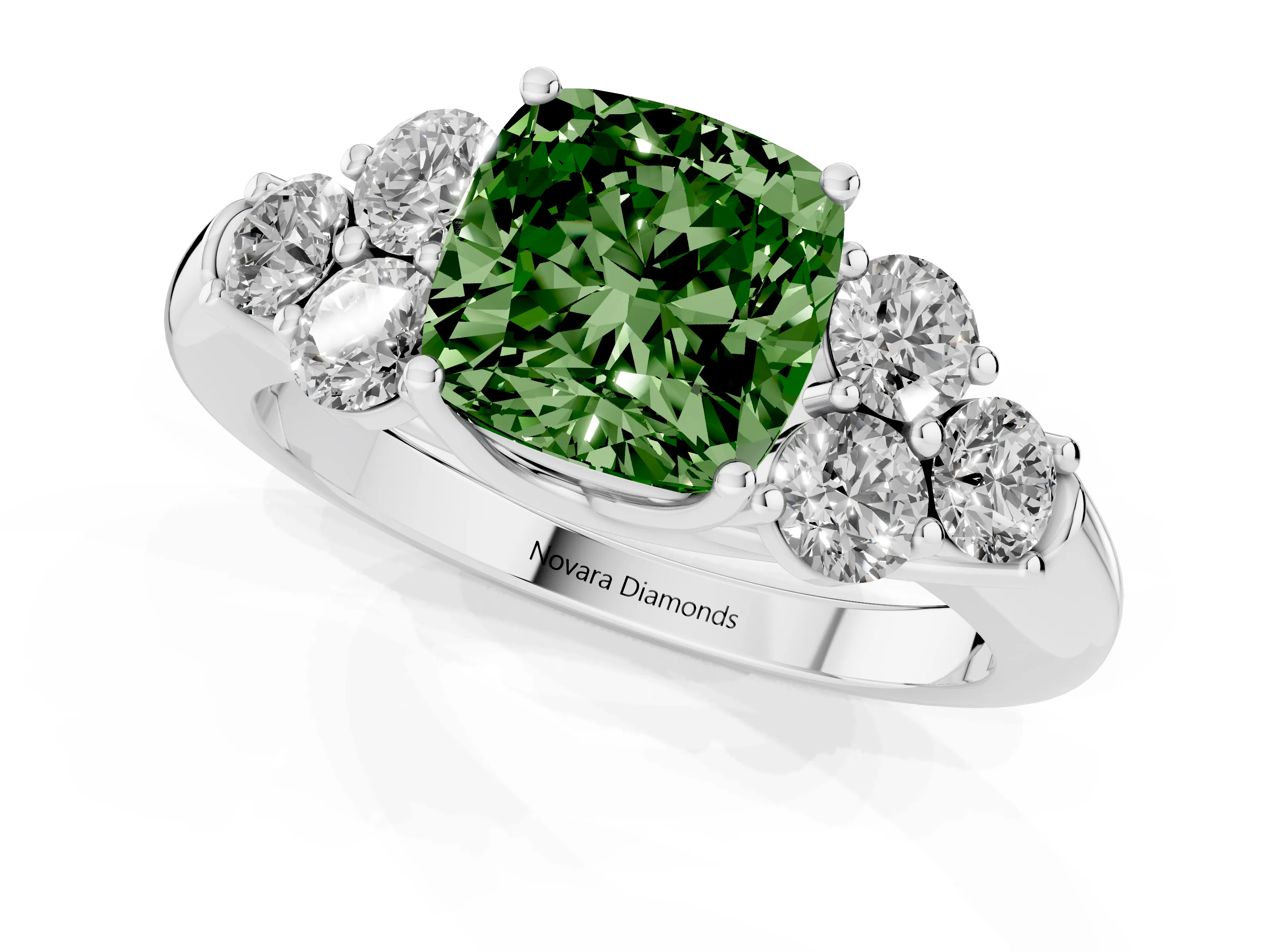 Fancy Green Cushion Cut Diamond Cluster Ring Set in White gold with Round Accent Stones and Prong Setting on a Plain Band