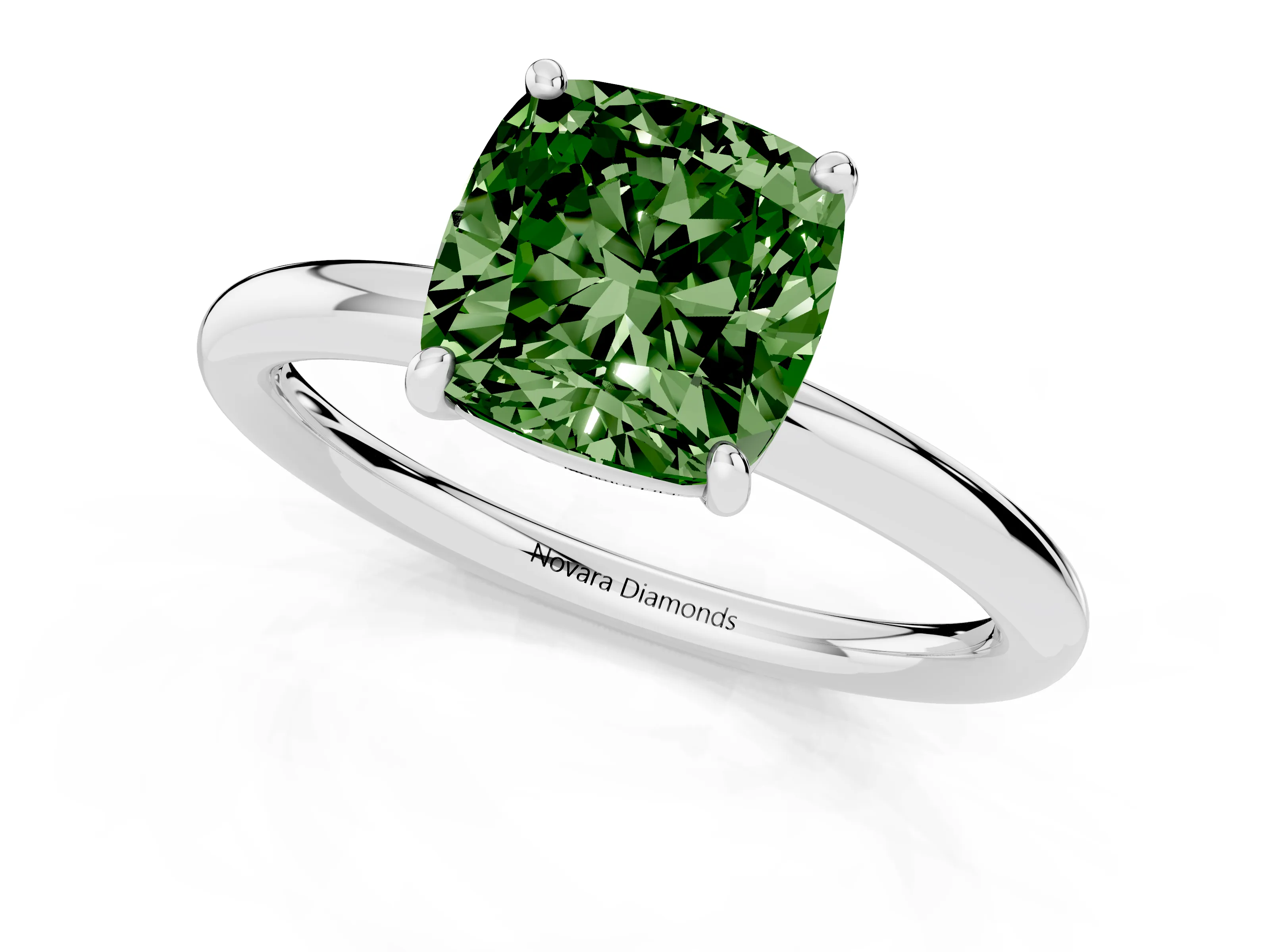 Fancy Green Cushion Cut Diamond Solitaire Ring Set in White gold with Prong Setting on a Polished Plain Band
