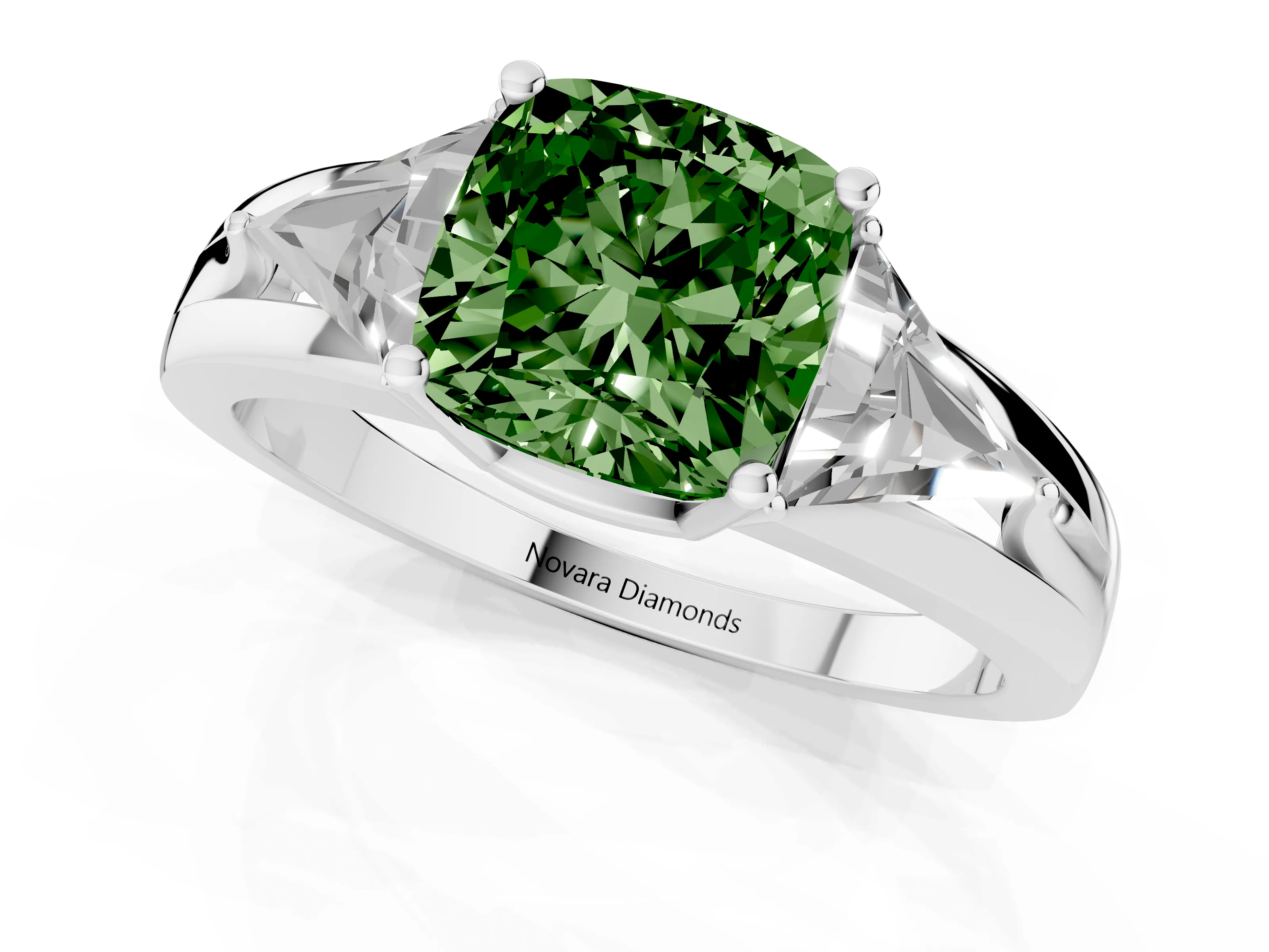 Fancy Green Cushion Cut Diamond Three-Stone Ring Set in Silver with Trillion Side Stones and Split Shank