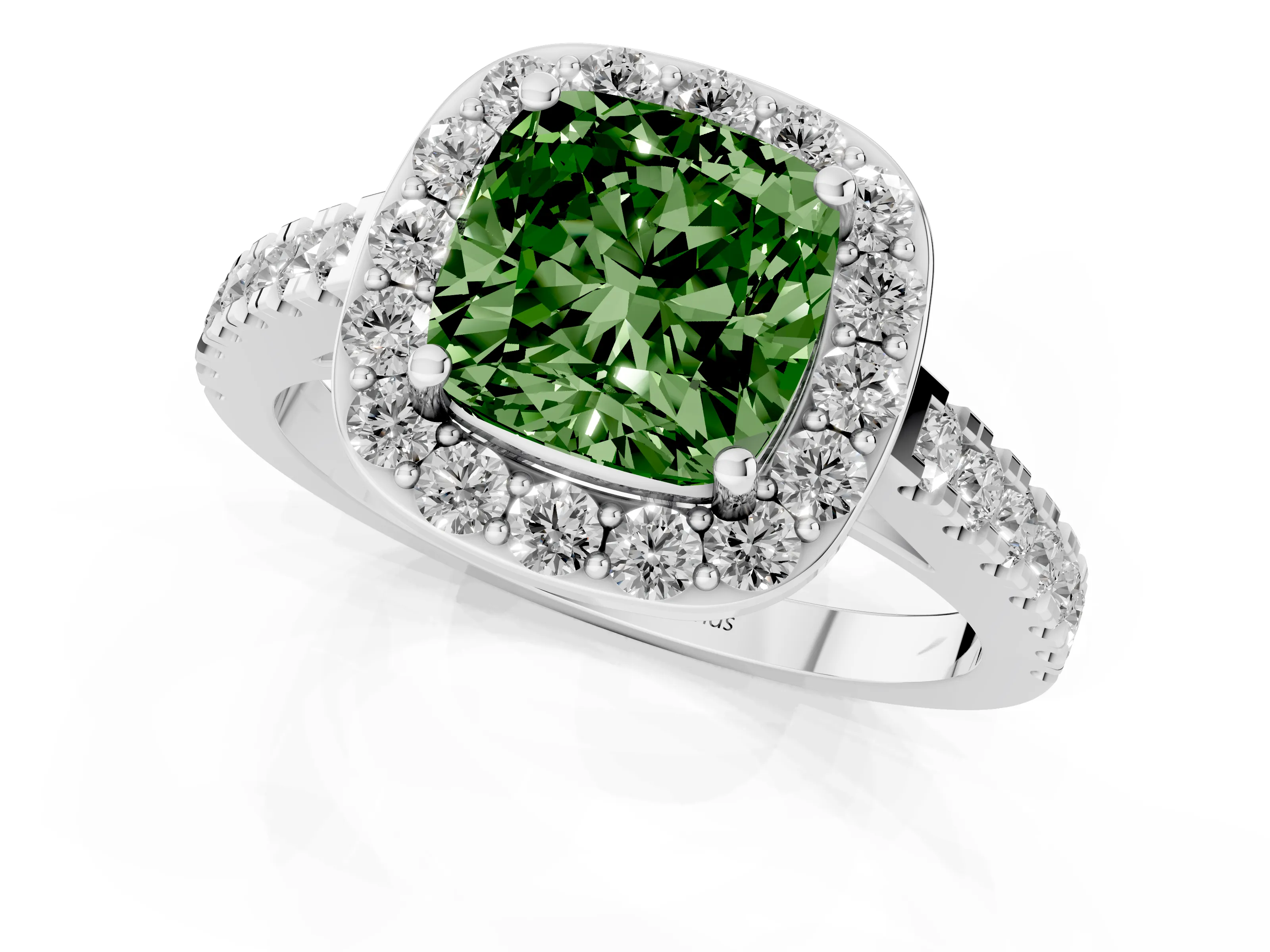Fancy Green Cushion Cut Diamond Halo Ring Set in Platinum with Round Pavé Split Shank and Prong Setting
