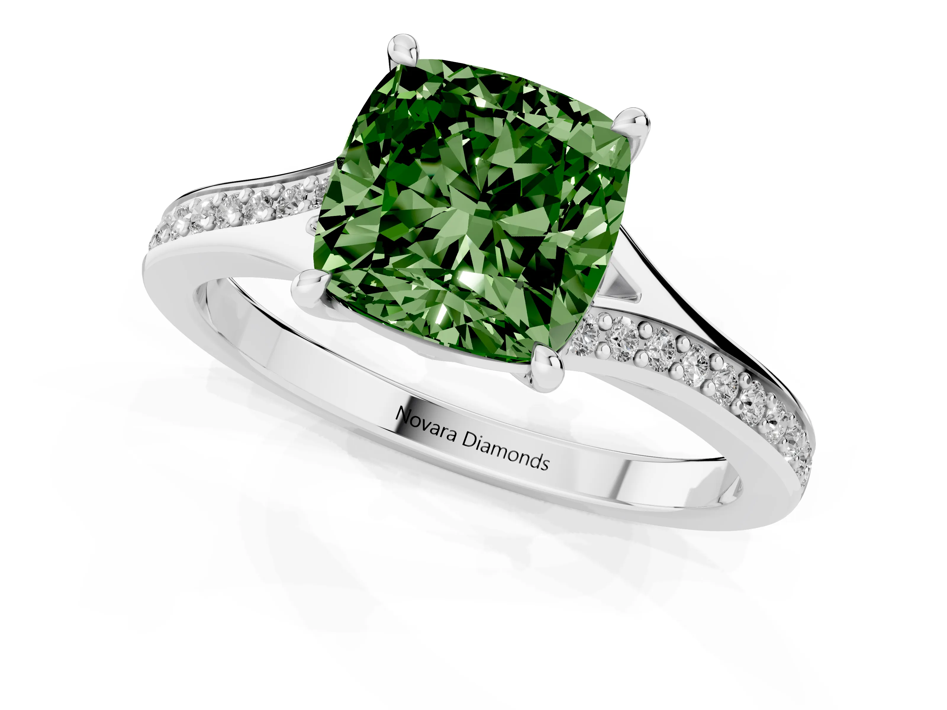 Fancy Green Cushion Cut Diamond Solitaire Ring Set in Silver with Pavé Accent Band and Classic Prong Setting
