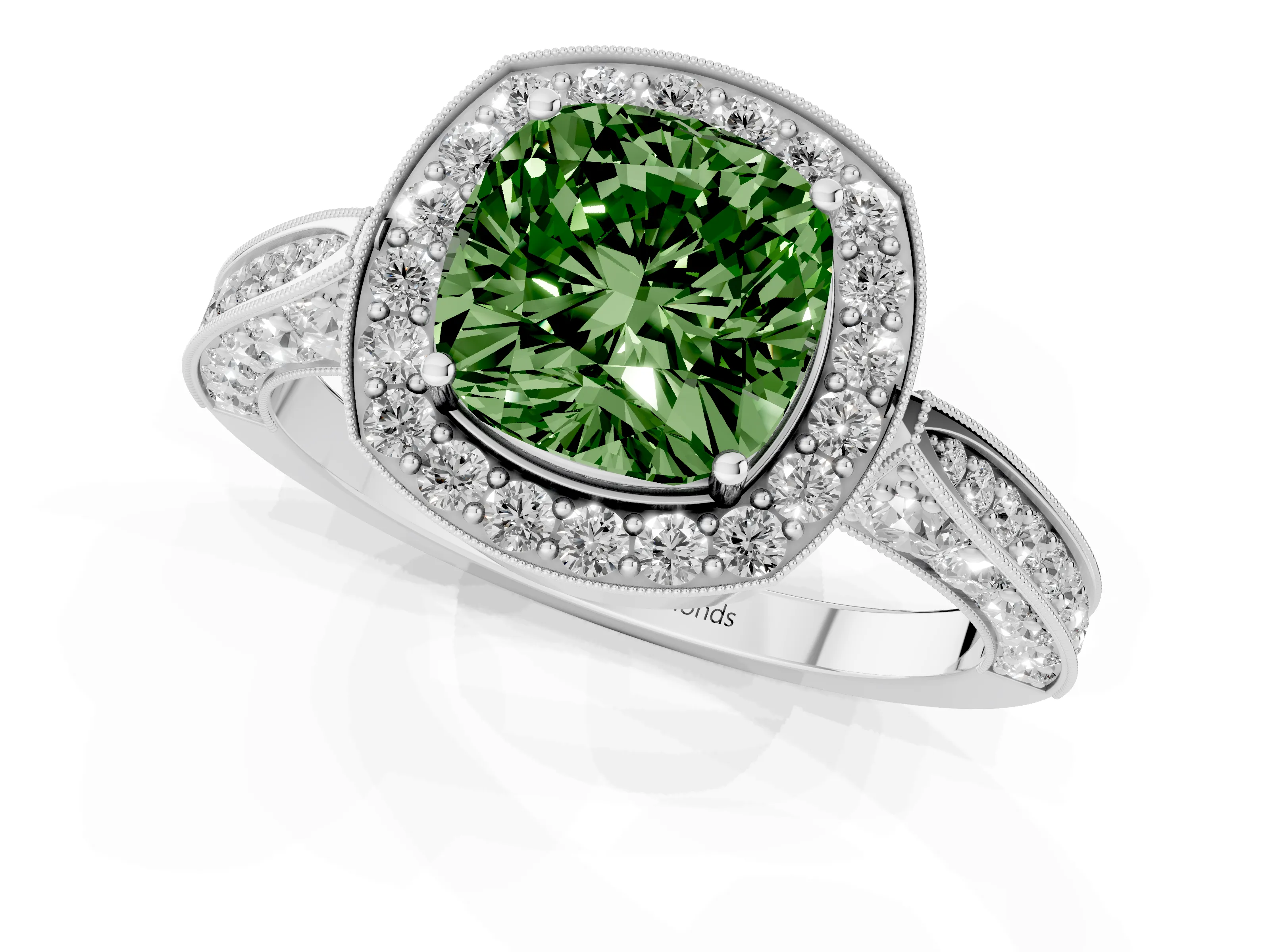 Fancy Green Cushion Cut Diamond Halo Engagement Ring Set in Platinum with Accent Split Shank Band