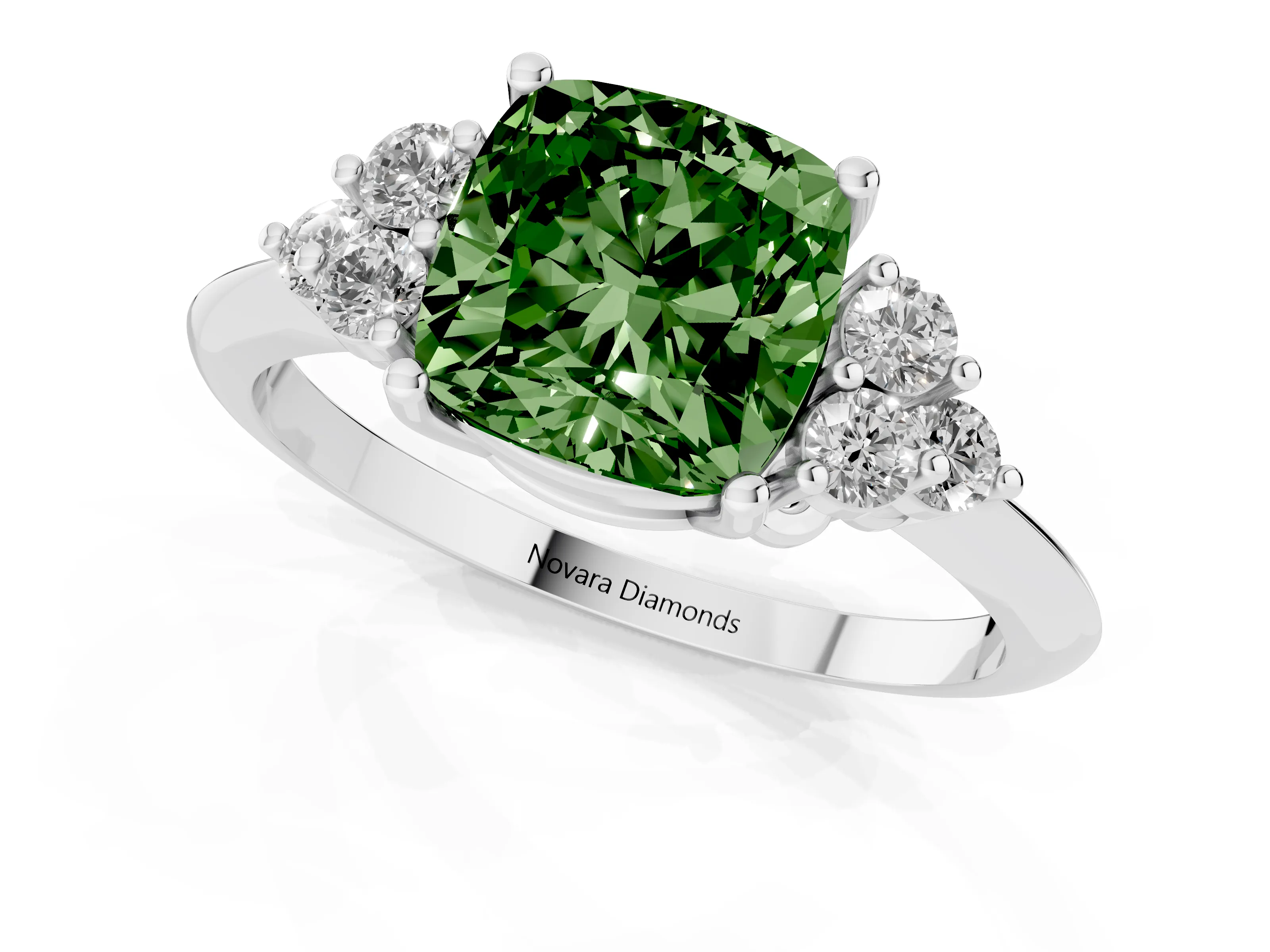 Fancy Green Cushion Cut Diamond Cluster Ring Set in White gold with Plain Band and Prong Setting