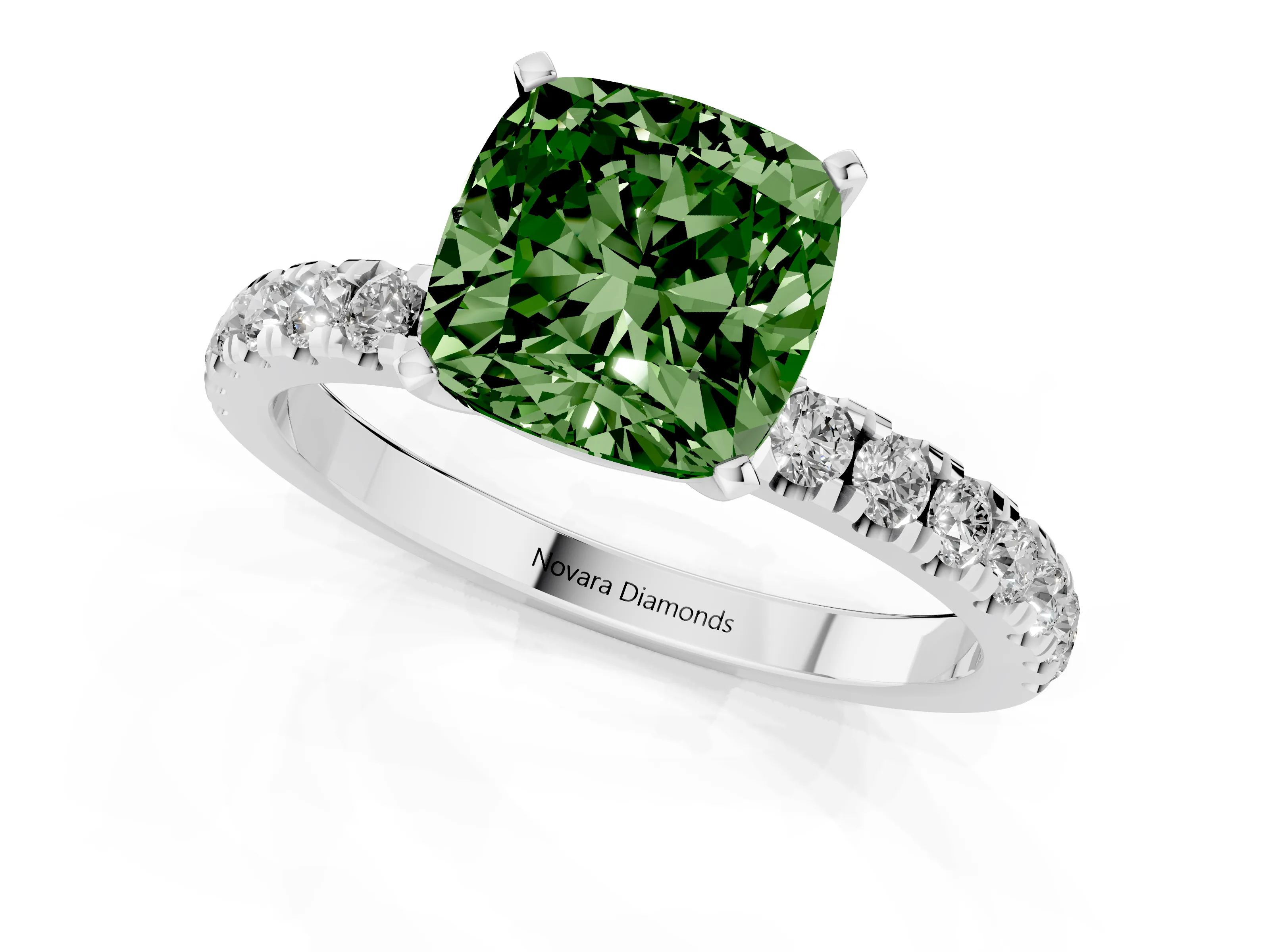 Fancy Green Cushion Cut Diamond Solitaire Ring Set in White gold with Pavé Accents and Prong Setting
