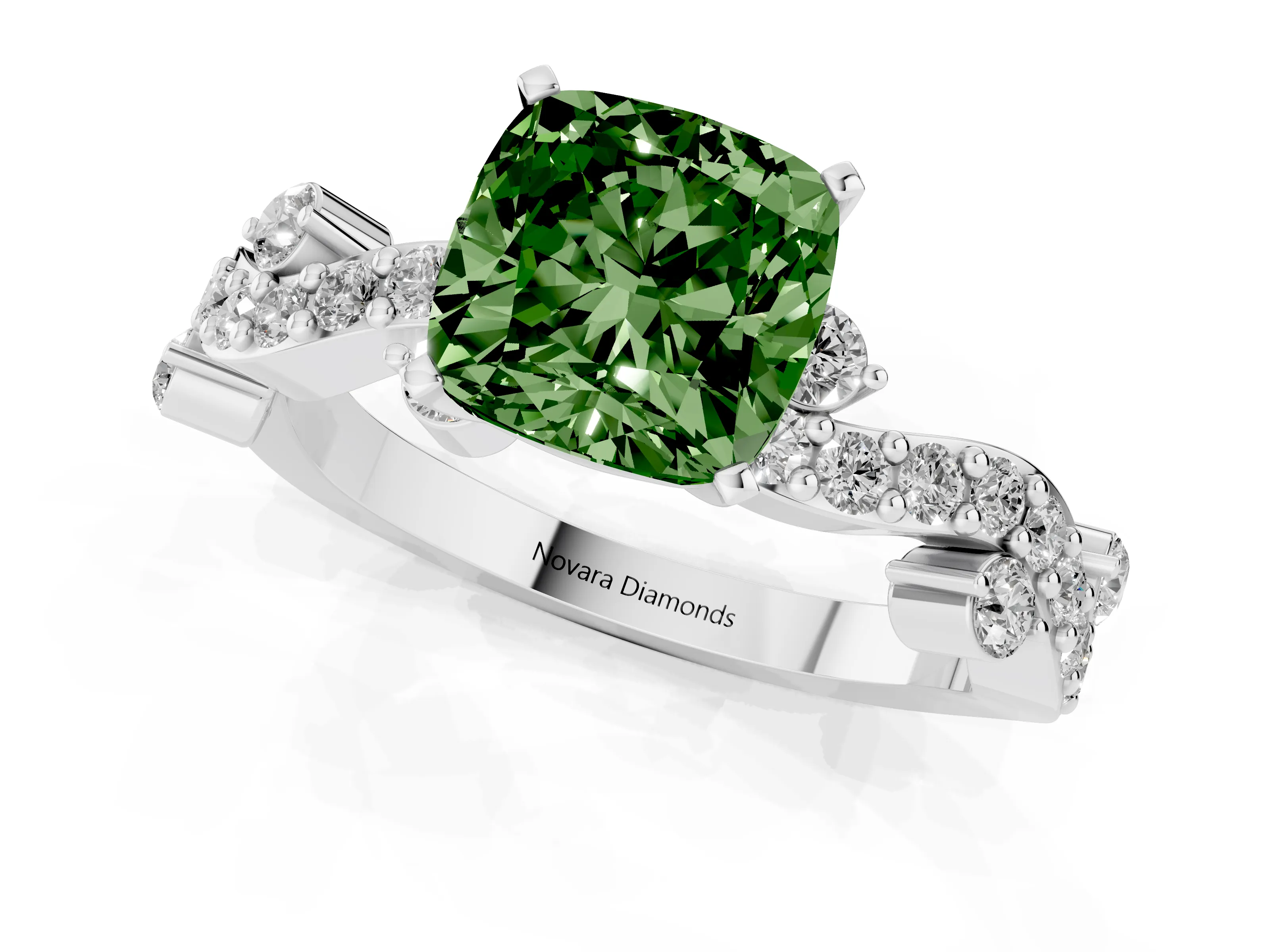 Fancy Green Cushion Cut Diamond Solitaire Twisted Band Set in White gold with Pavé Setting