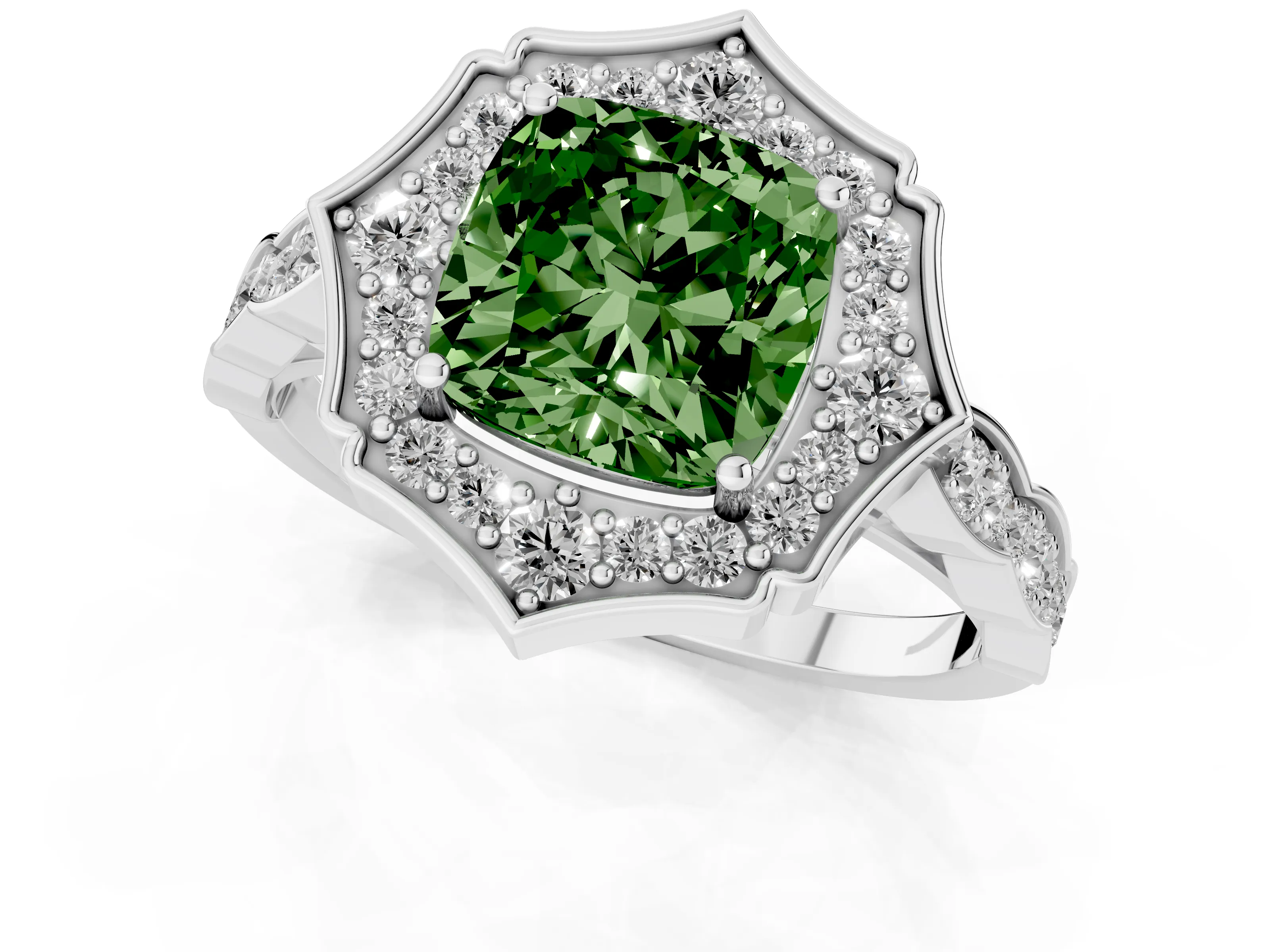 Fancy Green Cushion Cut Diamond Halo Engagement Ring Set in Platinum with Milgrain Band and Prong Setting