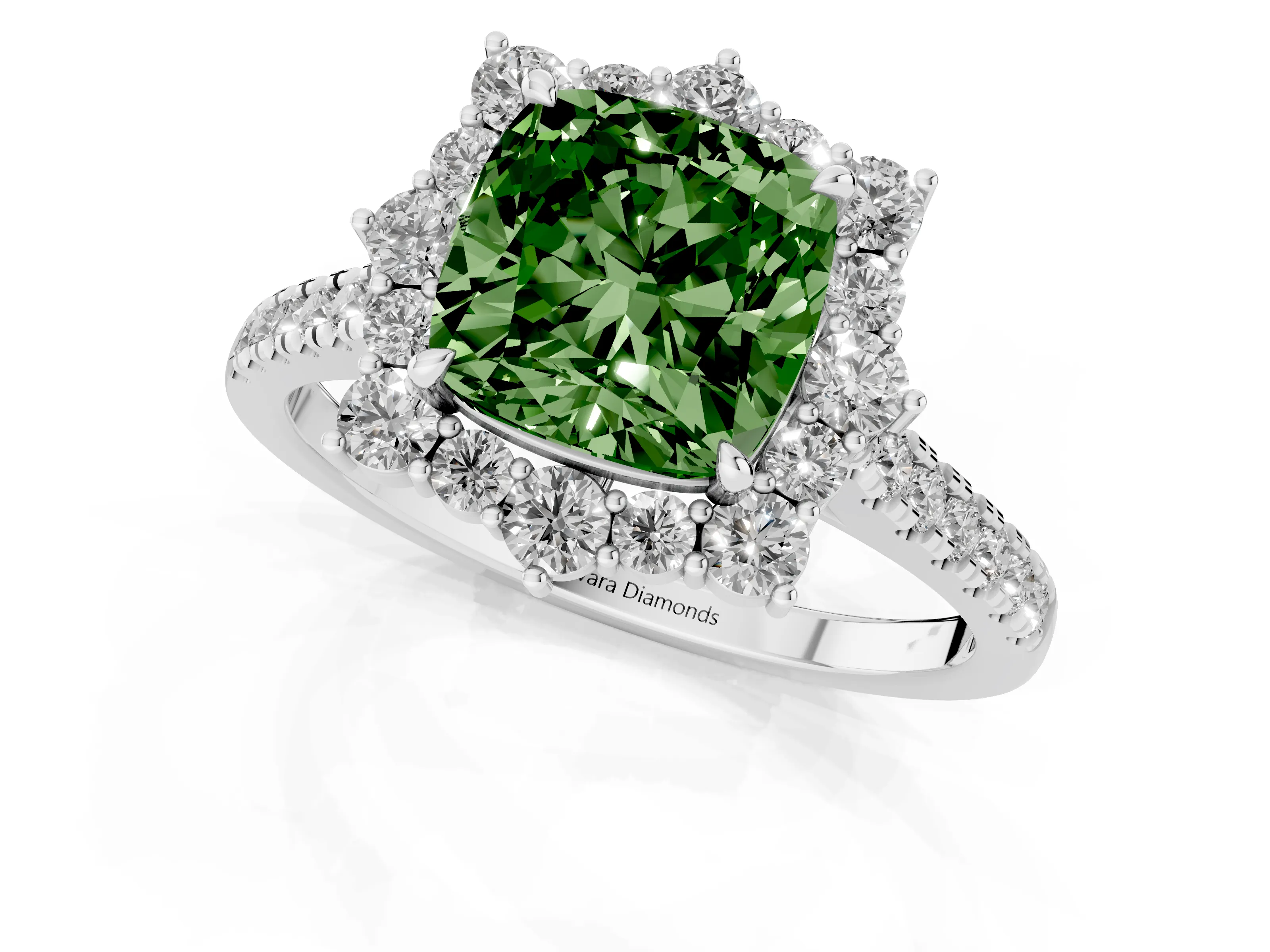 Fancy Green Cushion Cut Diamond Halo Ring Set in Silver with Pavé Band and Prong Setting