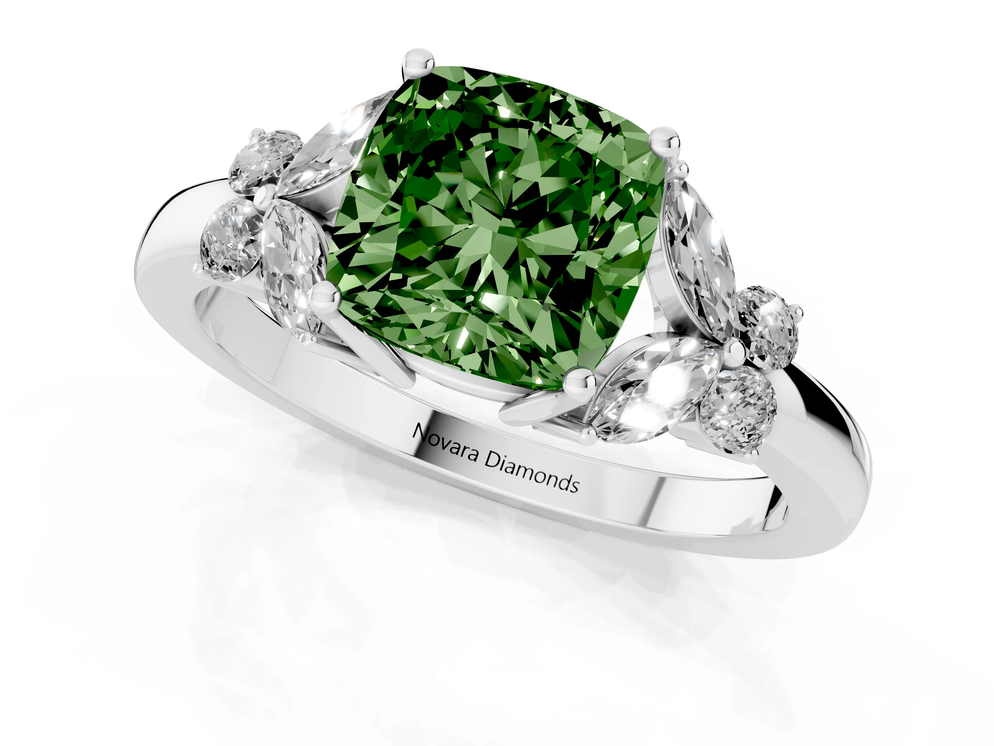 Fancy Green Cushion Cut Diamond Solitaire Floral Ring Set in Platinum with Marquise Petals and Prong Setting