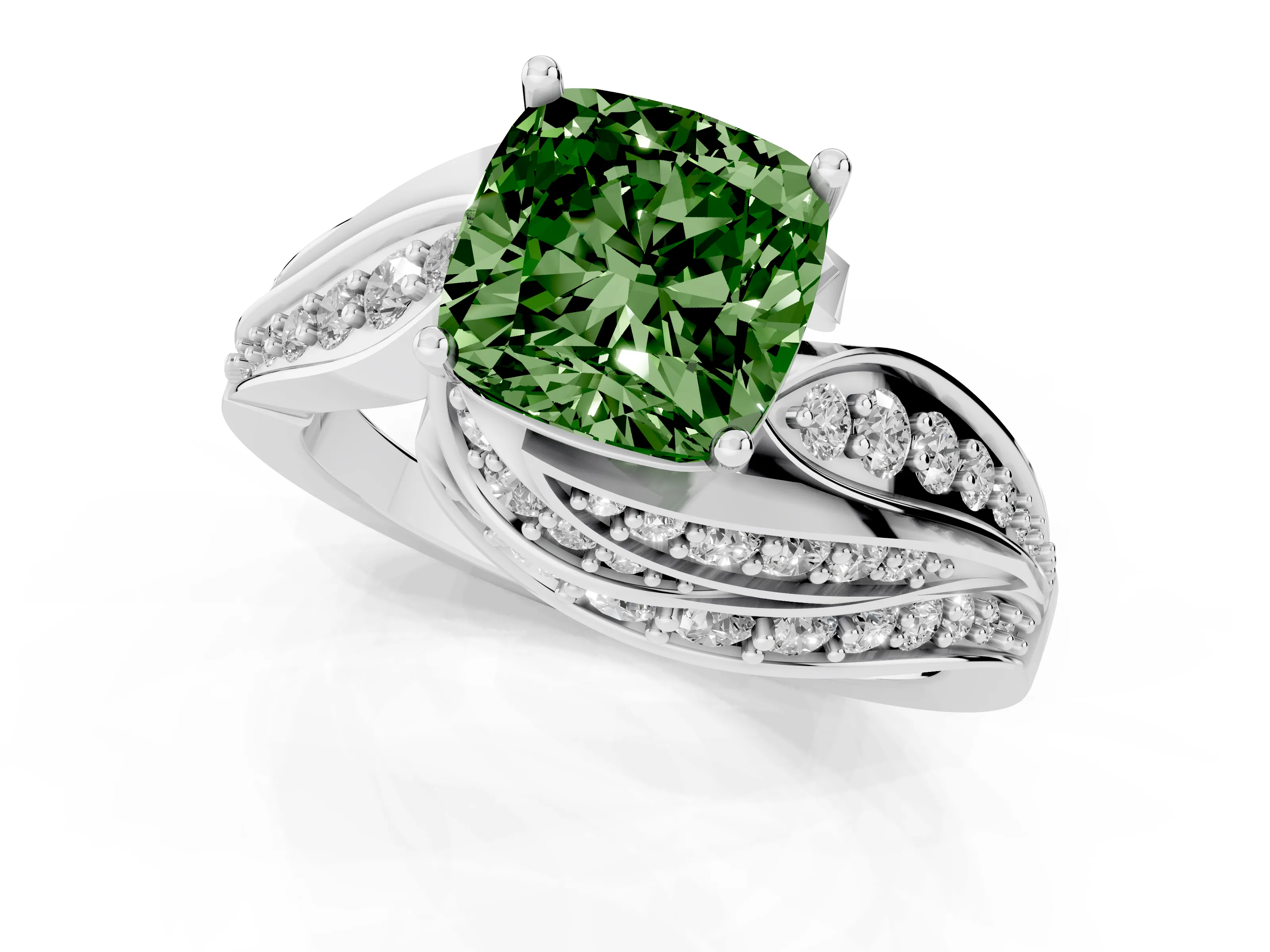 Fancy Green Cushion Cut Diamond Solitaire Ring Set in Silver with Layered Twist Pavé Band