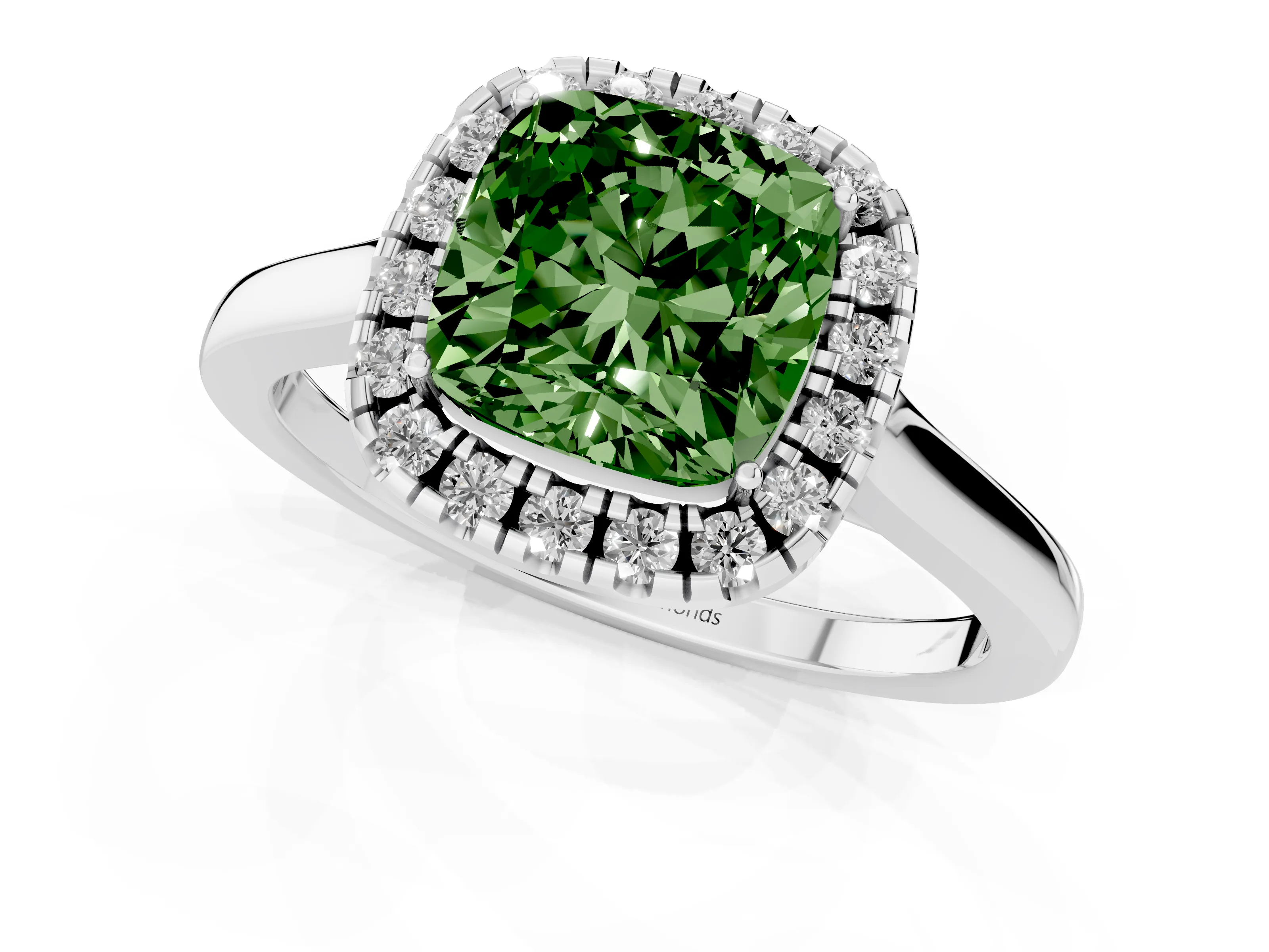 Fancy Green Cushion Cut Halo Round Diamond Solitaire Ring Set in White gold with Pavé Band and Prong Setting