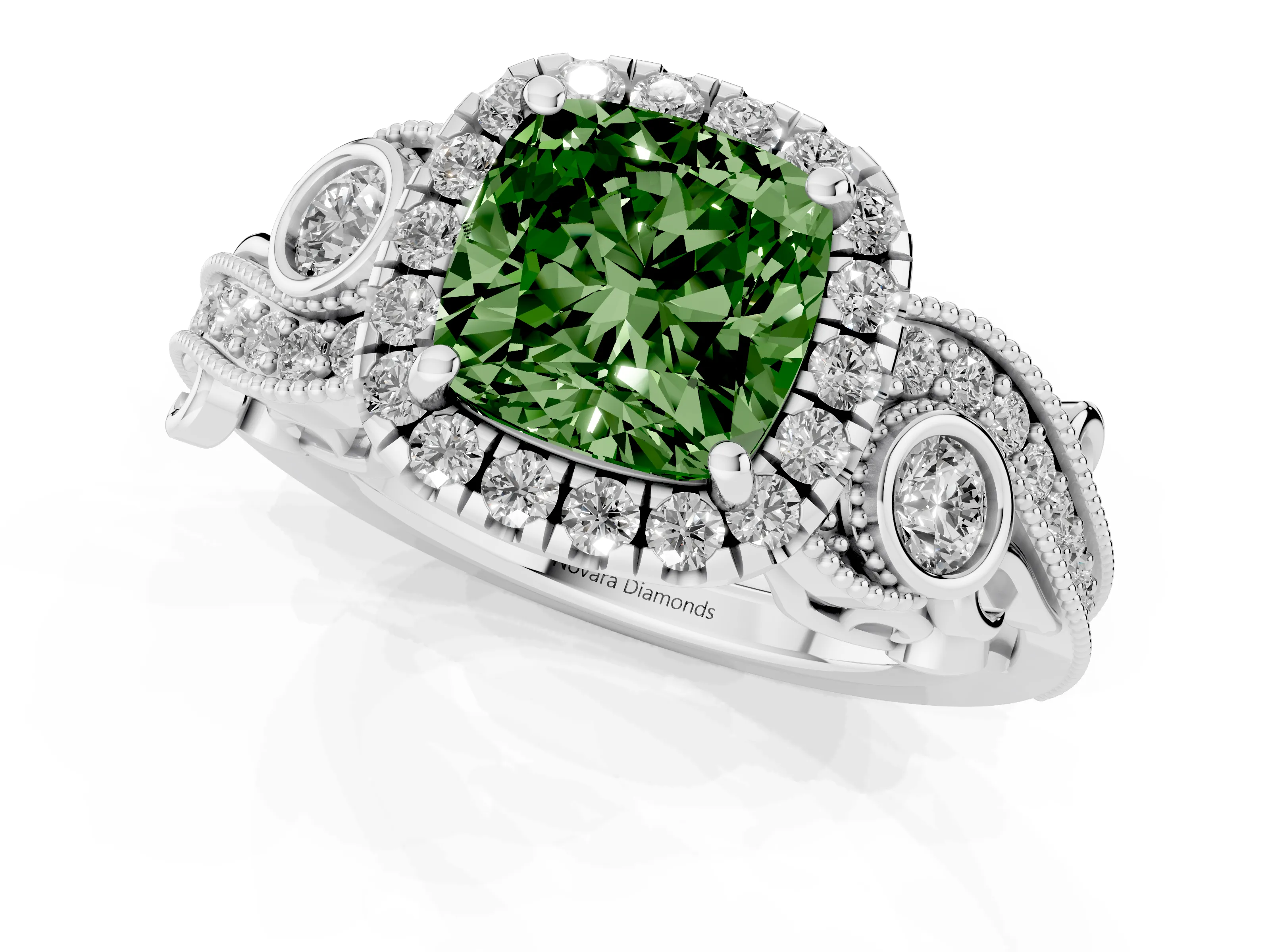 Fancy Green Cushion Cut Diamond Halo Ring Set in White gold with Milgrain Pavé Band and Prong Setting