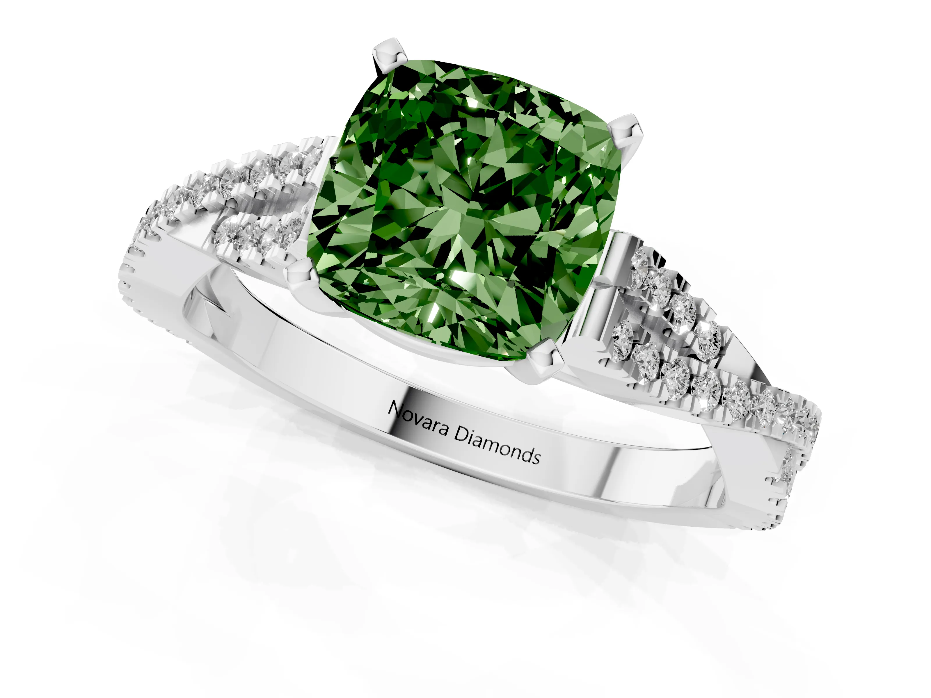 Fancy Green Cushion Cut Diamond Solitaire Engagement Ring Set in White gold with Twisted Pavé Band and Prong Setting