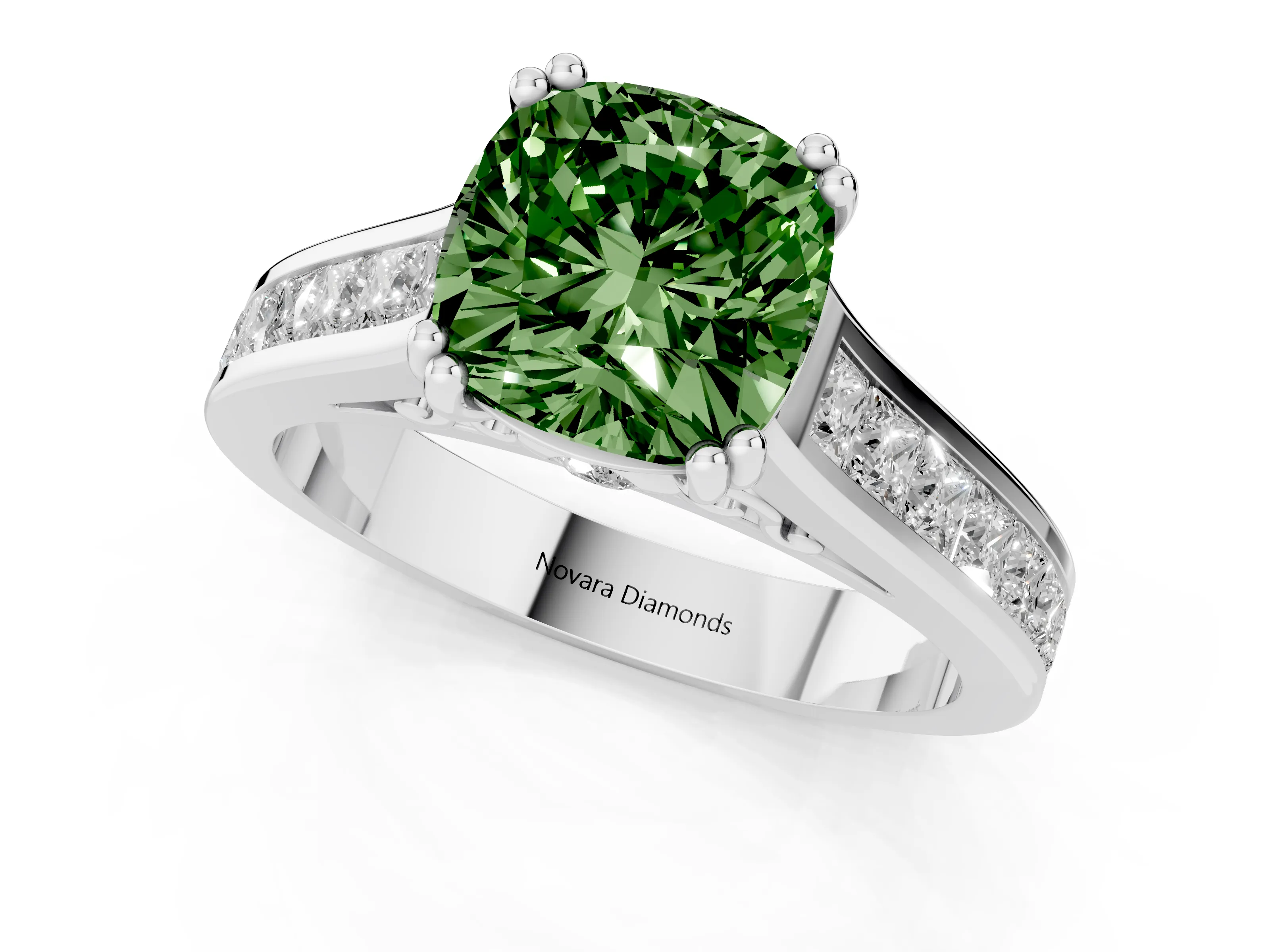 Fancy Green Cushion Cut Diamond Channel Set Solitaire Engagement Ring Set in Silver with Prong Setting
