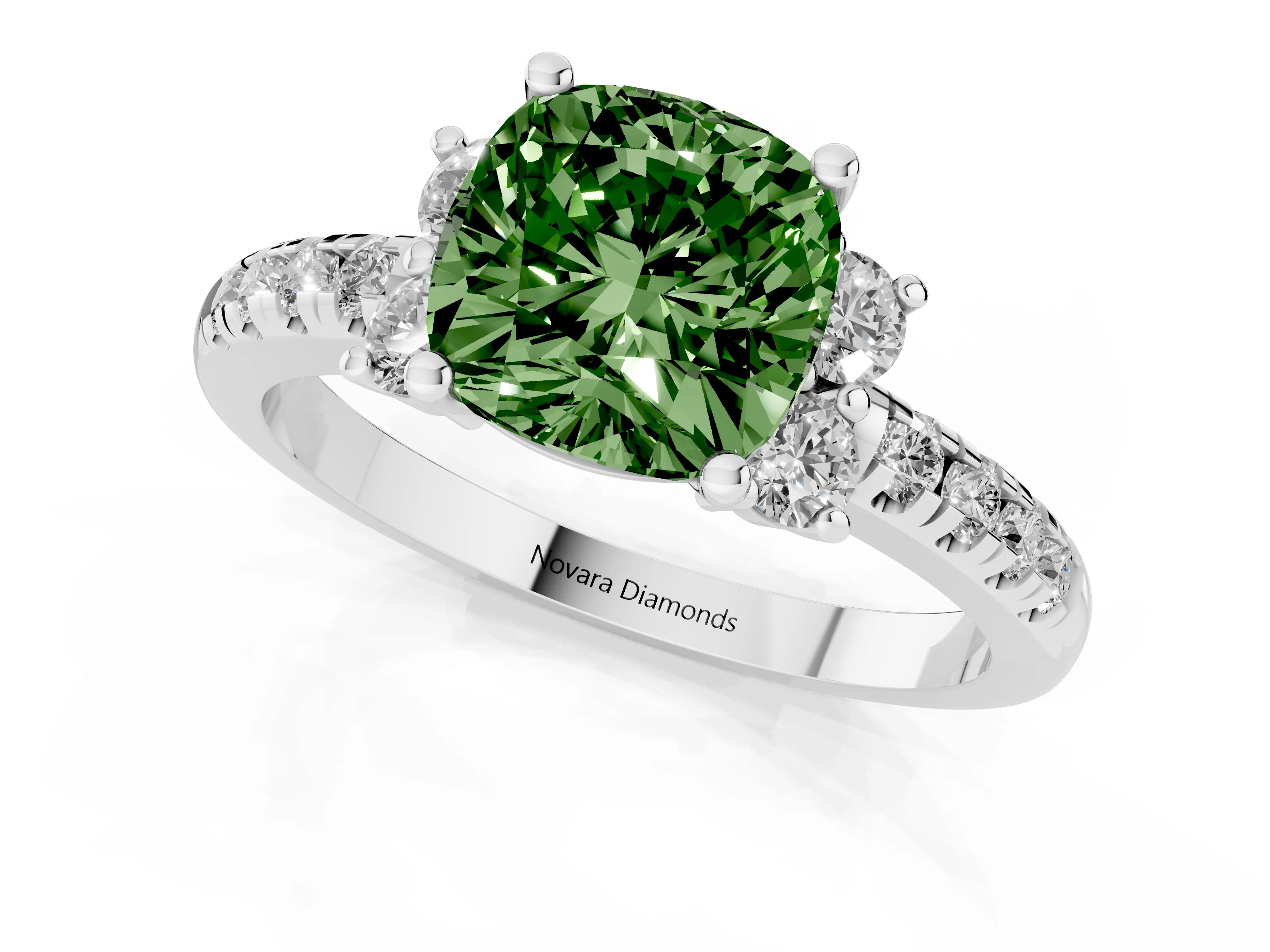 Fancy Green Cushion Cut Diamond Three-Stone Pavé Ring Set in Platinum with Prong Setting
