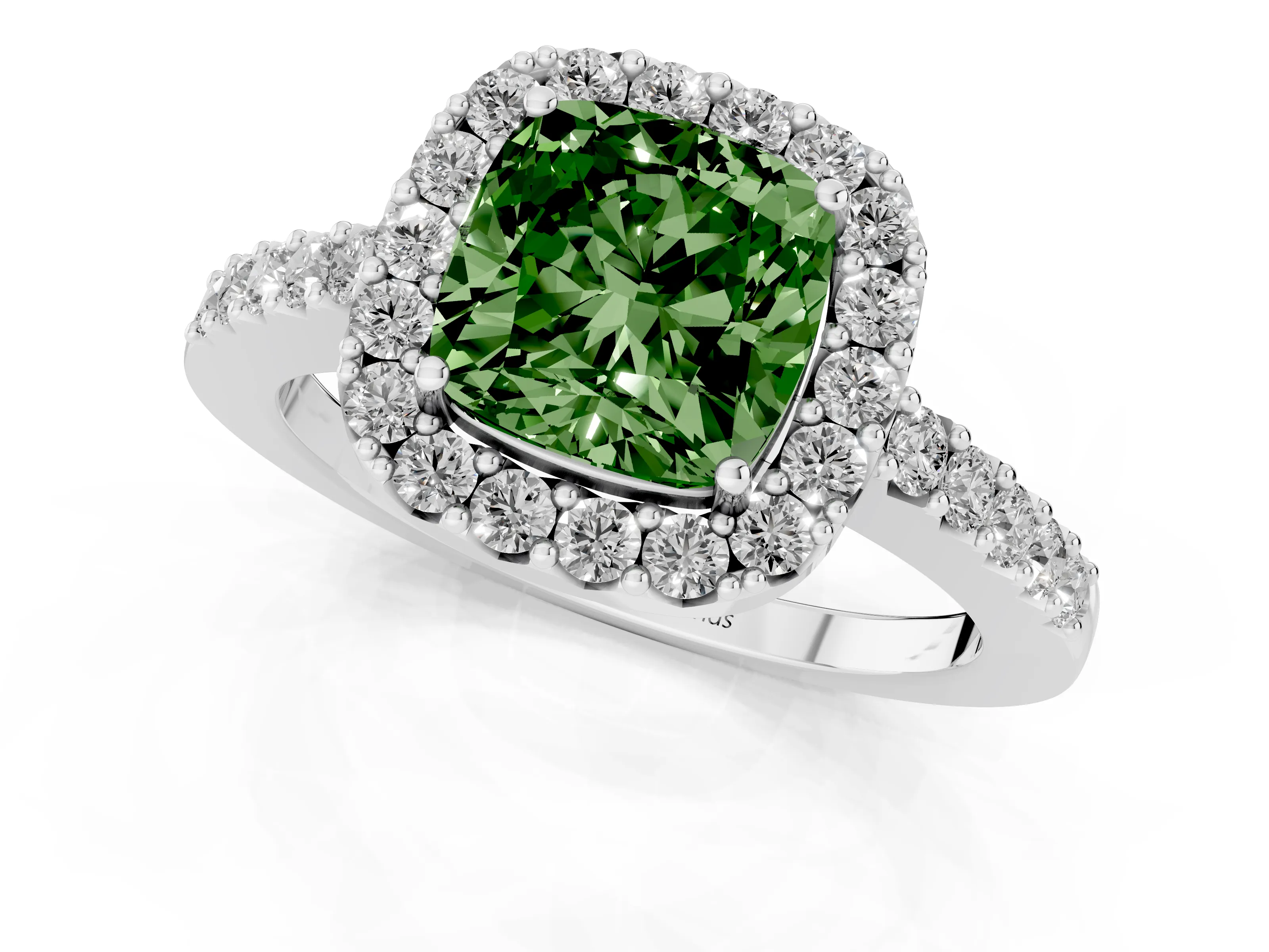 Fancy Green Cushion Cut Diamond Halo Pavé Solitaire Ring Set in Silver with Prong-Set Center Stone