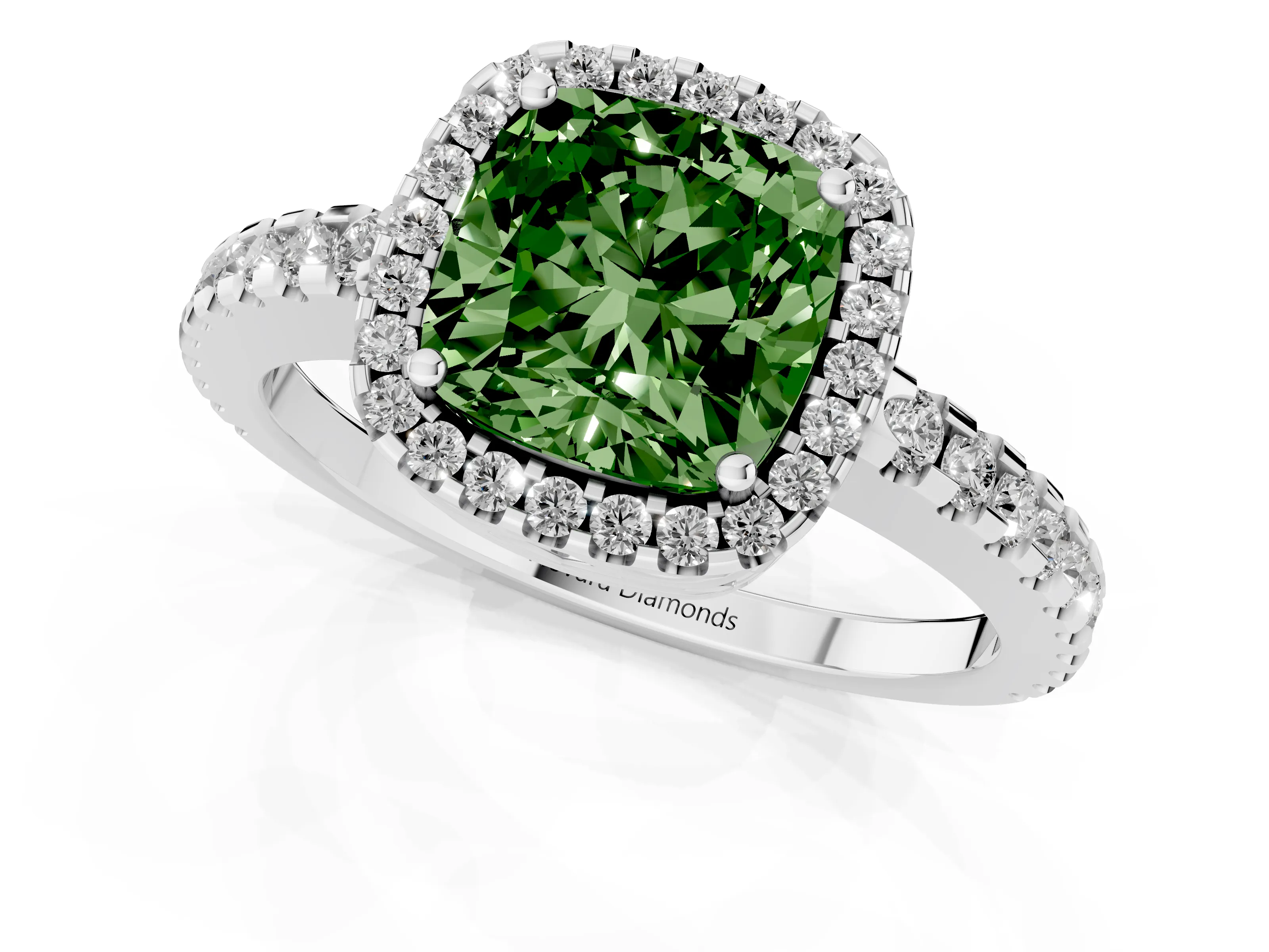 Fancy Green Cushion Cut Diamond Halo Ring Set in Silver with Pavé Shoulders and Halo-Framed Center