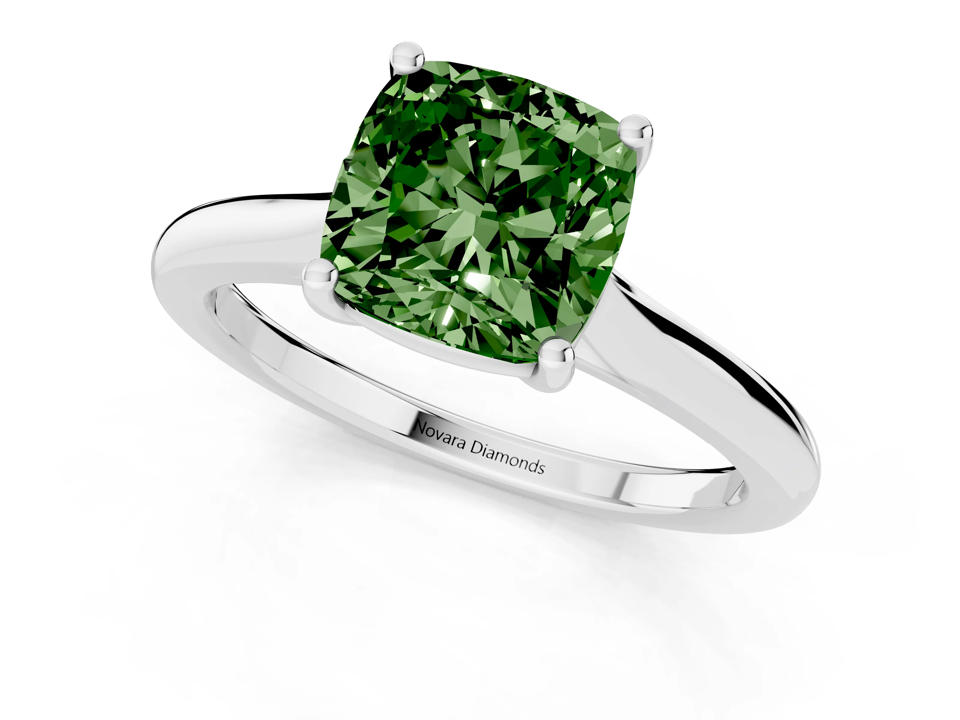 Fancy Green Cushion Cut Diamond Solitaire Ring Set in White gold with Cathedral Band and Prong Setting