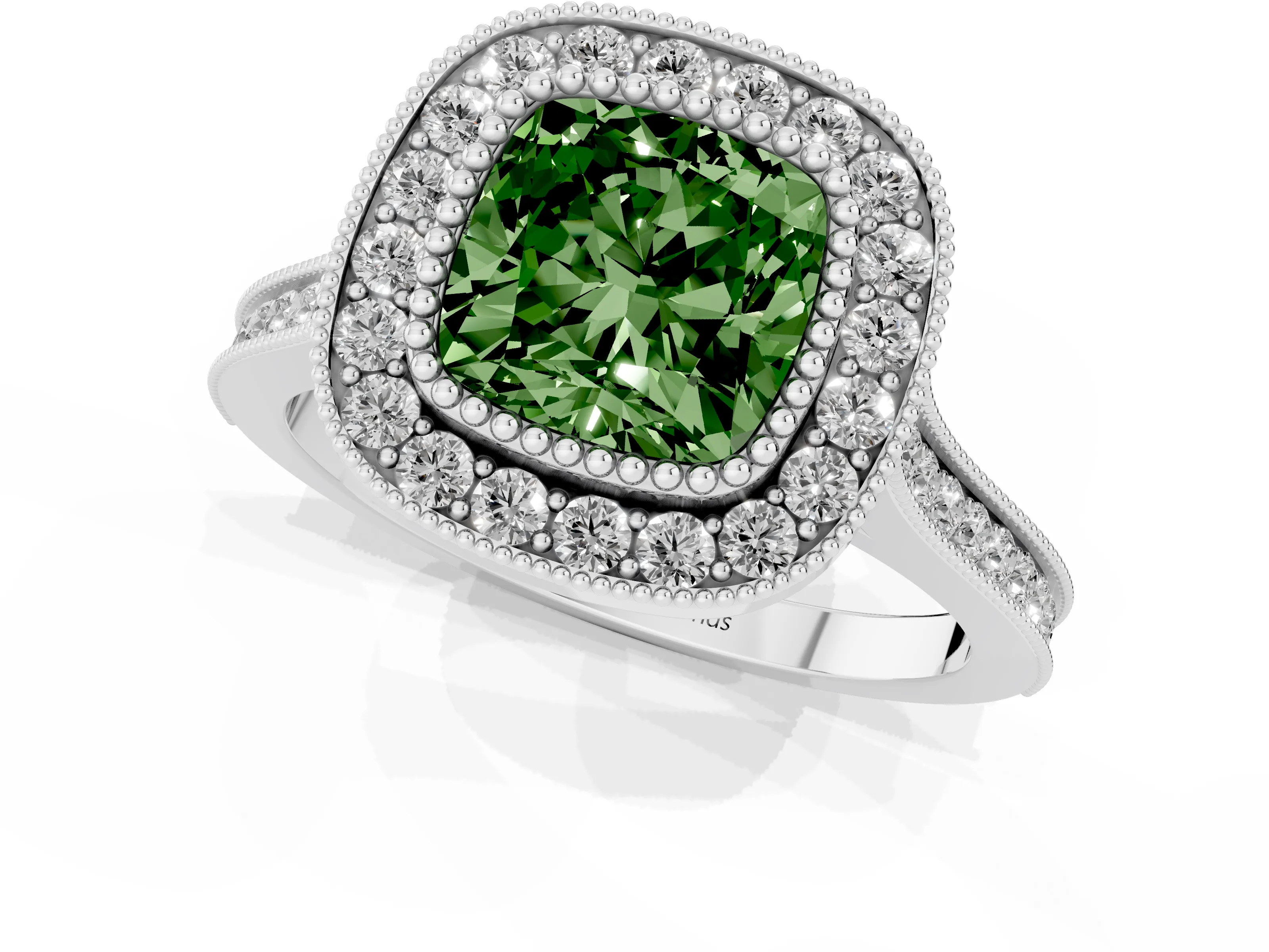 Fancy Green Cushion Cut Diamond Halo Ring Set in Platinum with Milgrain Frame and Pavé Band
