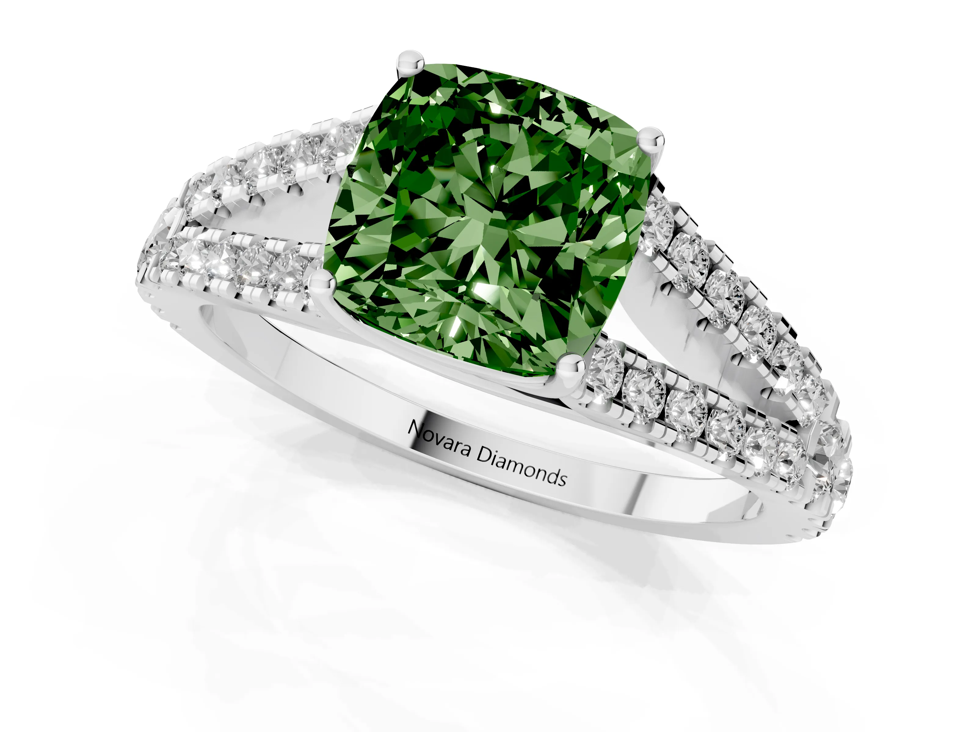 Fancy Green Cushion Cut Diamond Split Shank Pavé Engagement Ring Set in Silver with Prong-Held Center Stone