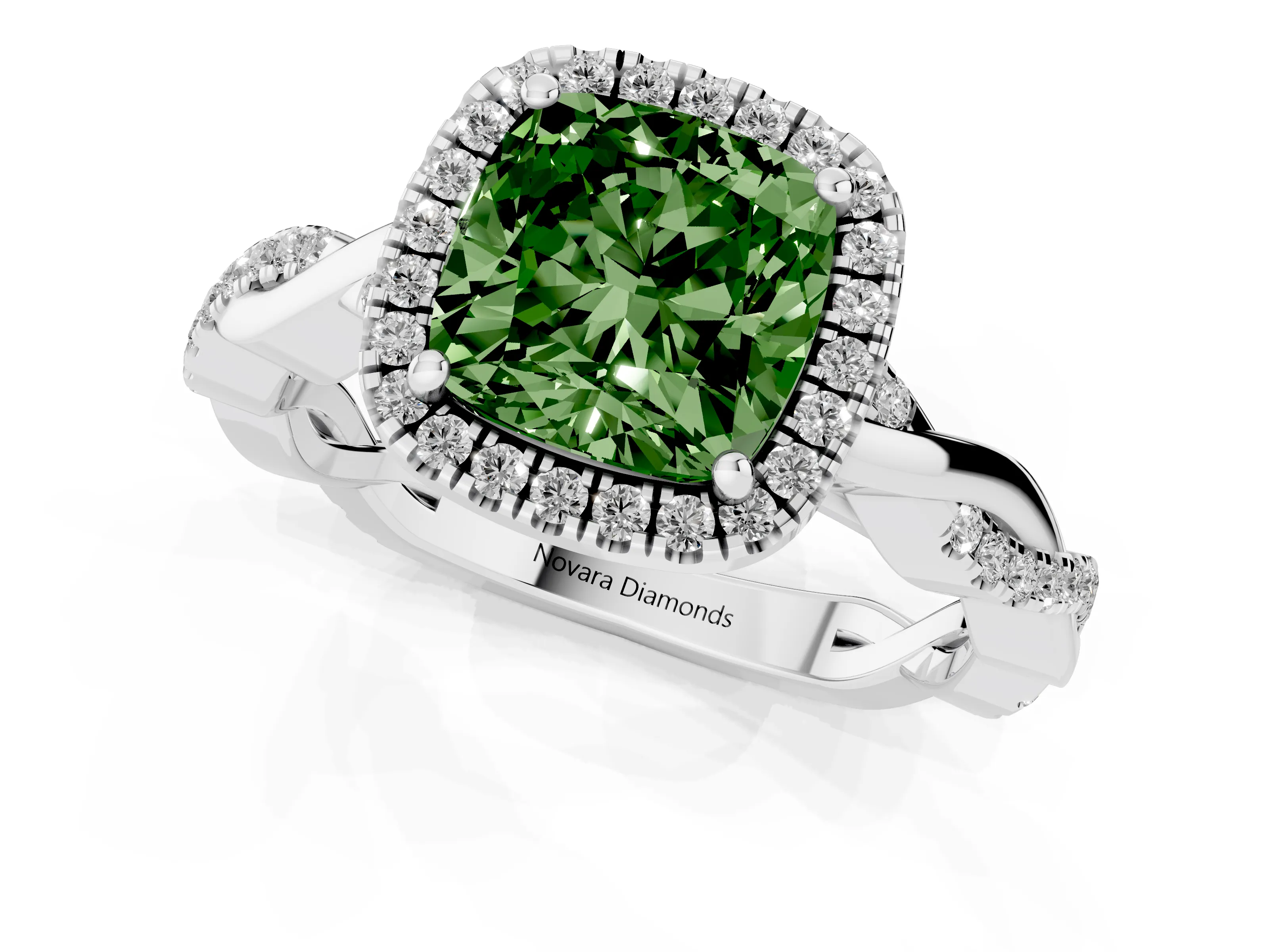 Fancy Green Cushion Cut Diamond Halo Twisted Band Ring Set in Platinum with Prong Setting