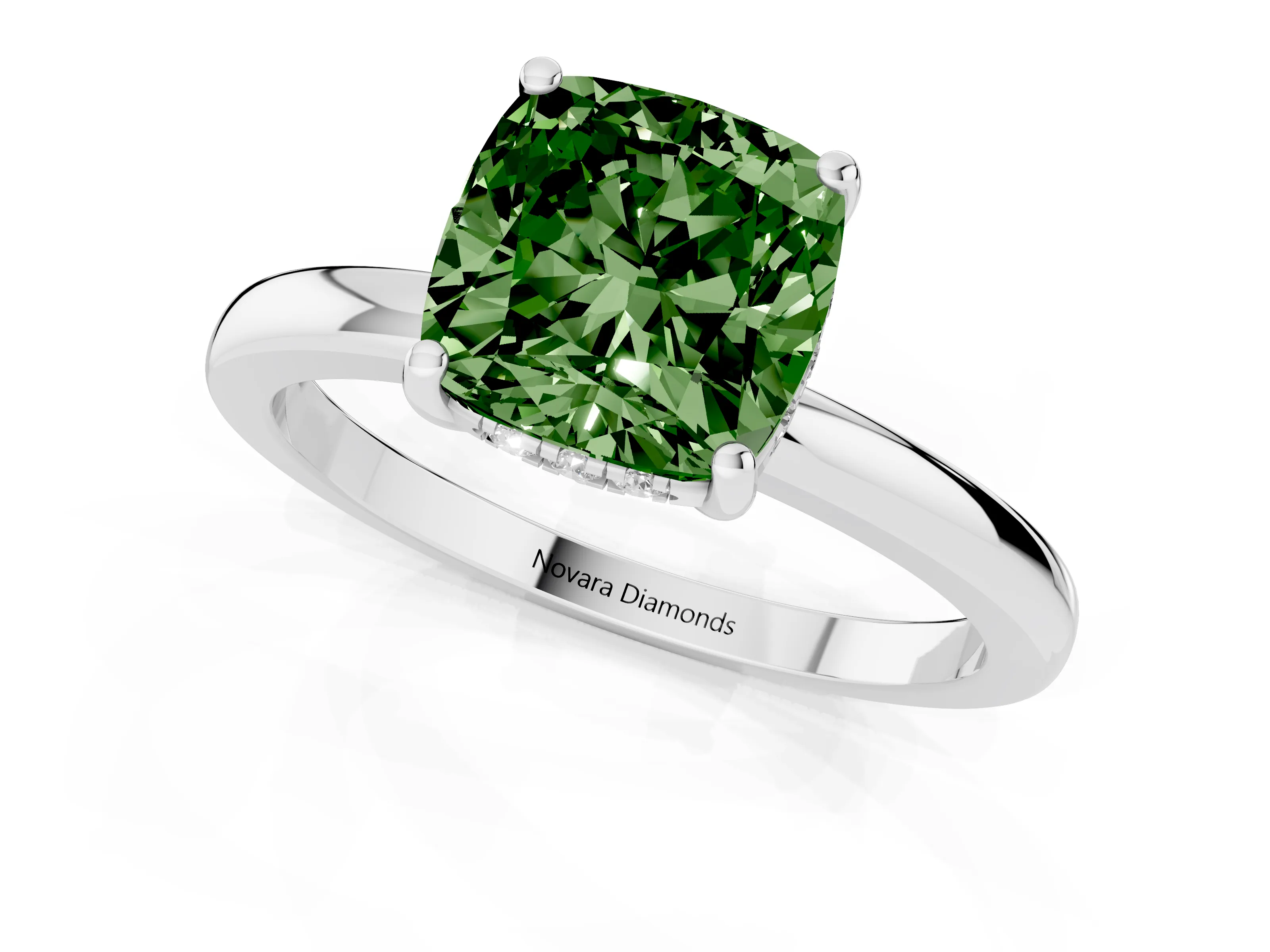 Fancy Green Cushion Cut Diamond Solitaire Ring Set in Platinum with Plain Band and Prong Setting