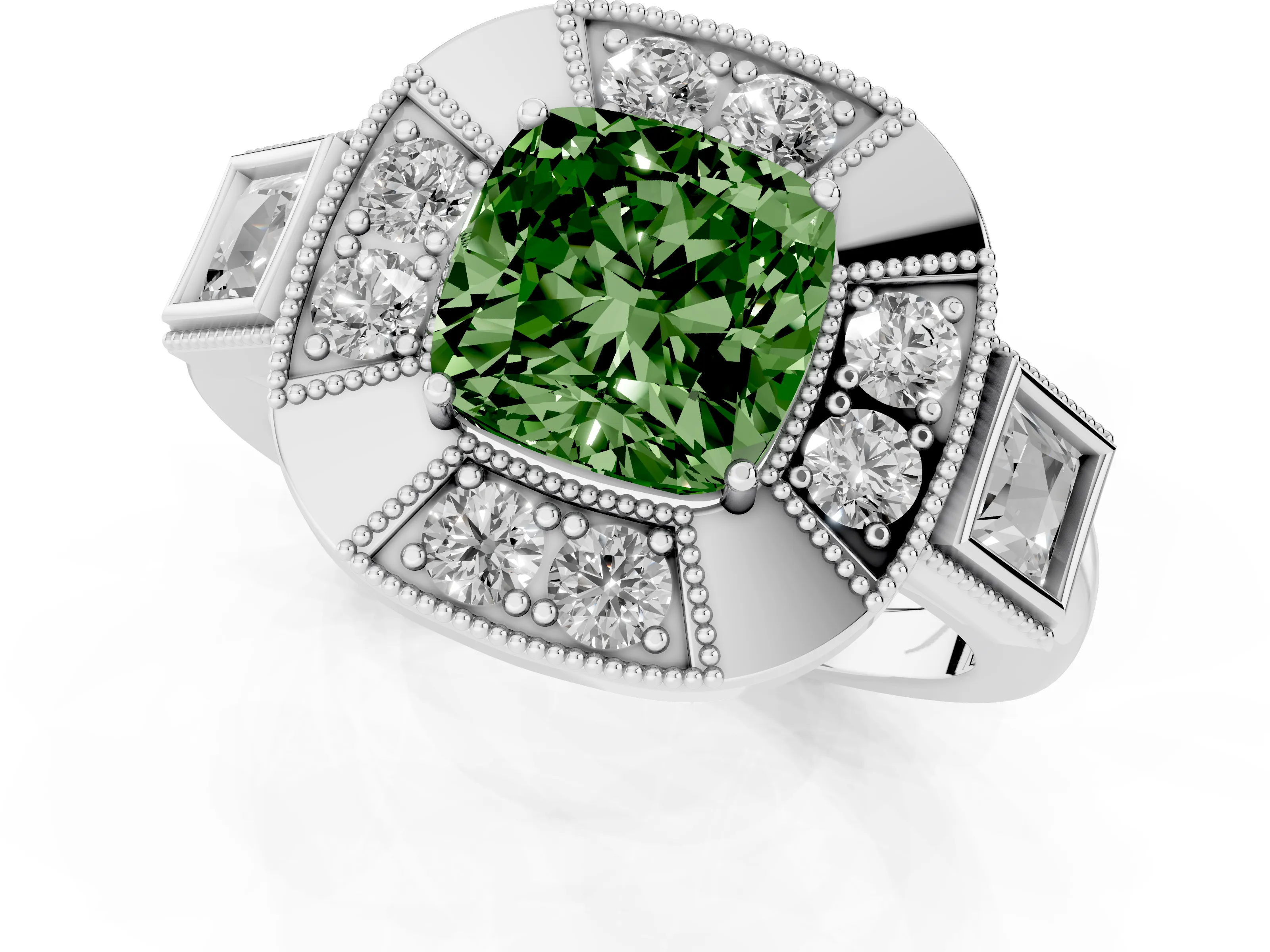 Fancy Green Cushion Cut Diamond Milgrain Halo Ring Set in Platinum with Split Shank
