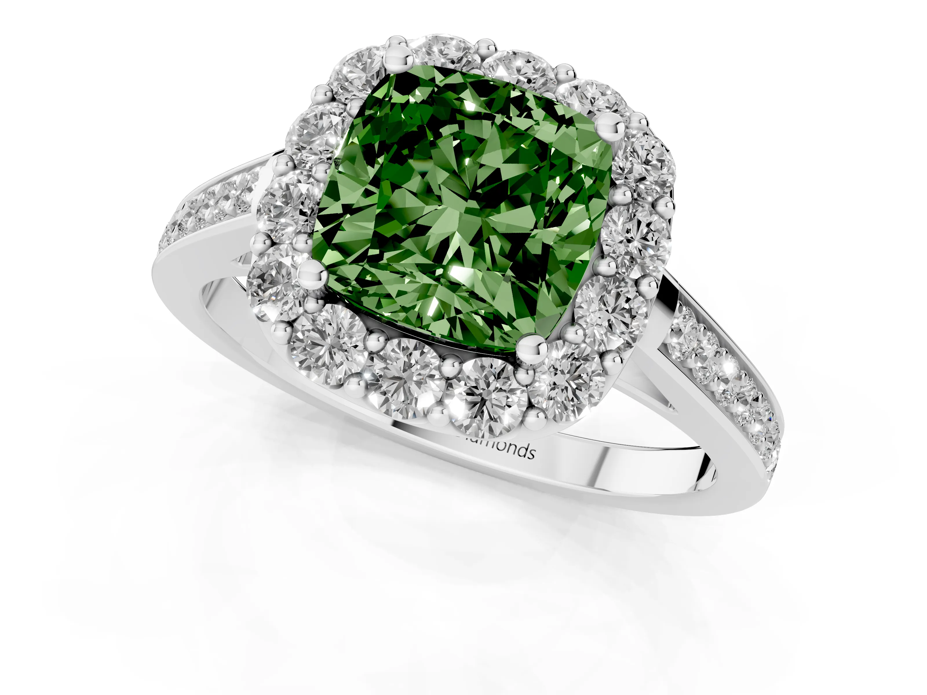 Fancy Green Cushion Cut Diamond Floral Halo Ring Set in Silver with Pavé Band and Prong Setting