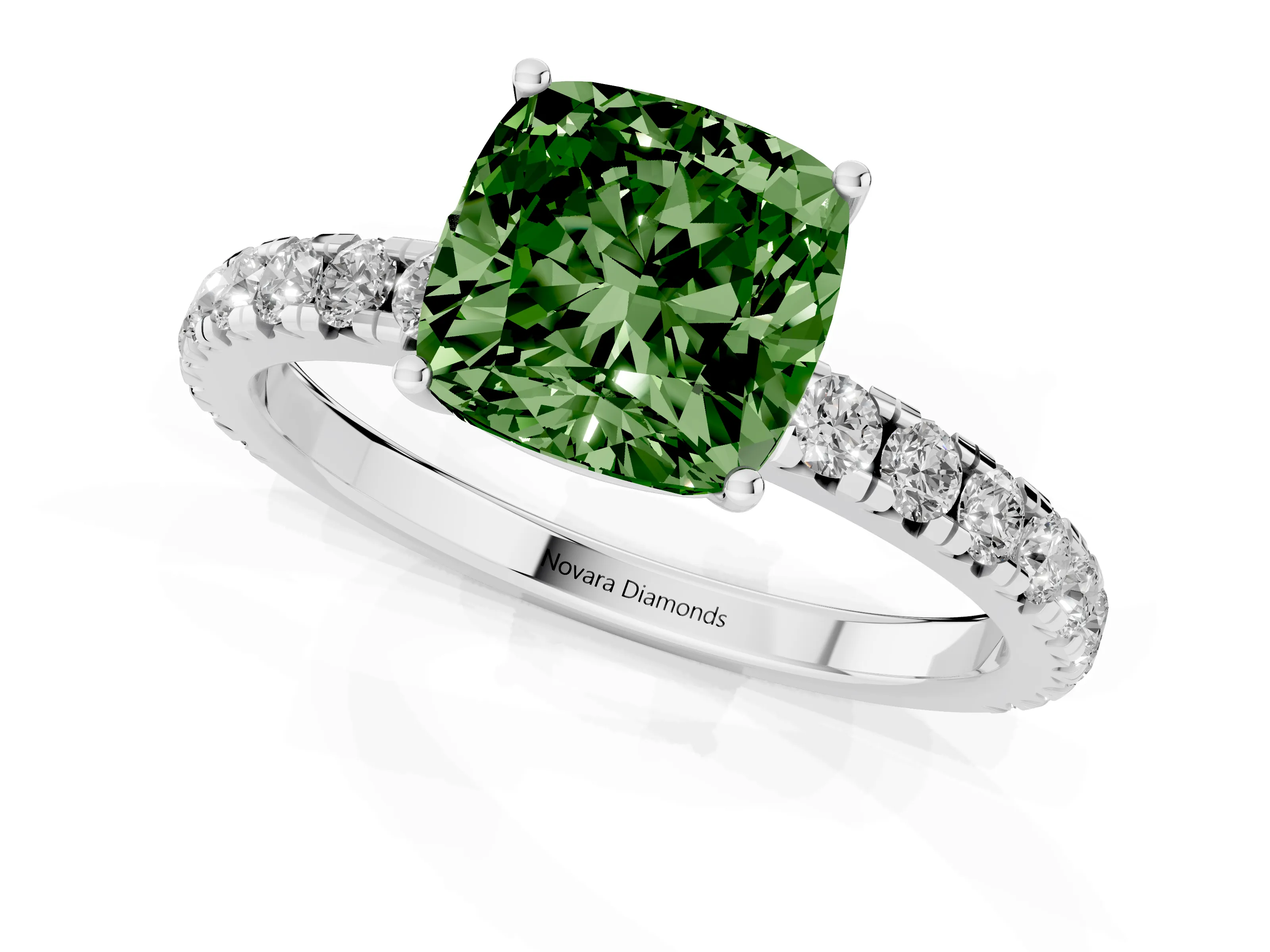 Fancy Green Cushion Cut Diamond Pavé Solitaire Engagement Ring Set in Platinum with Prong Setting