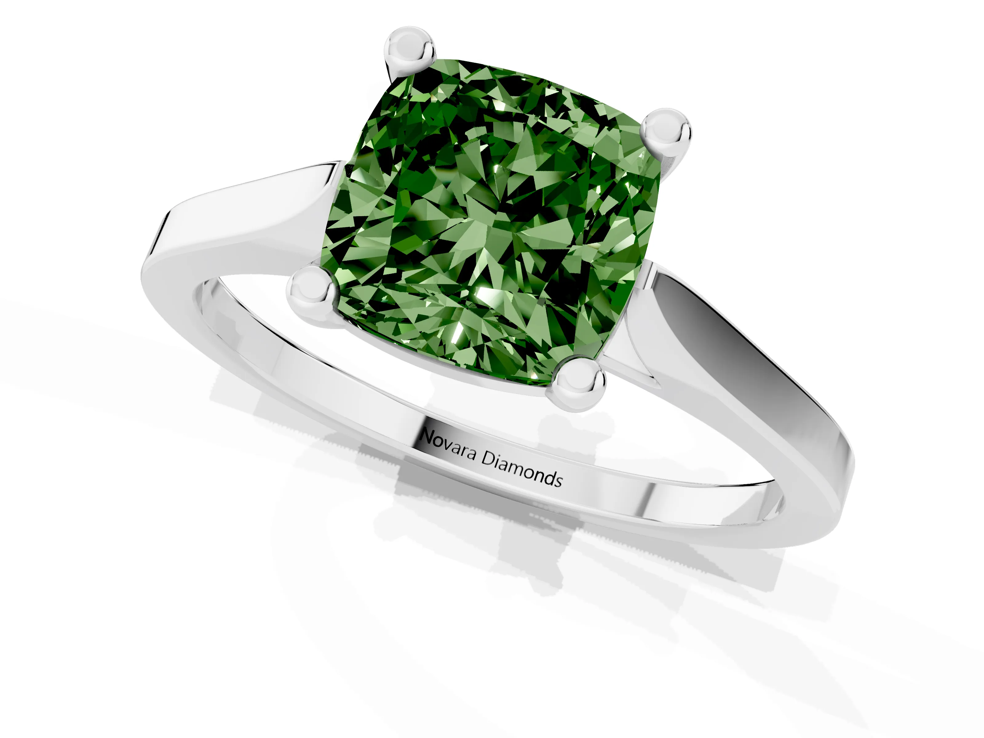 Fancy Green Cushion Cut Diamond Solitaire Ring Set in Silver with Prong Setting and Tapered Band