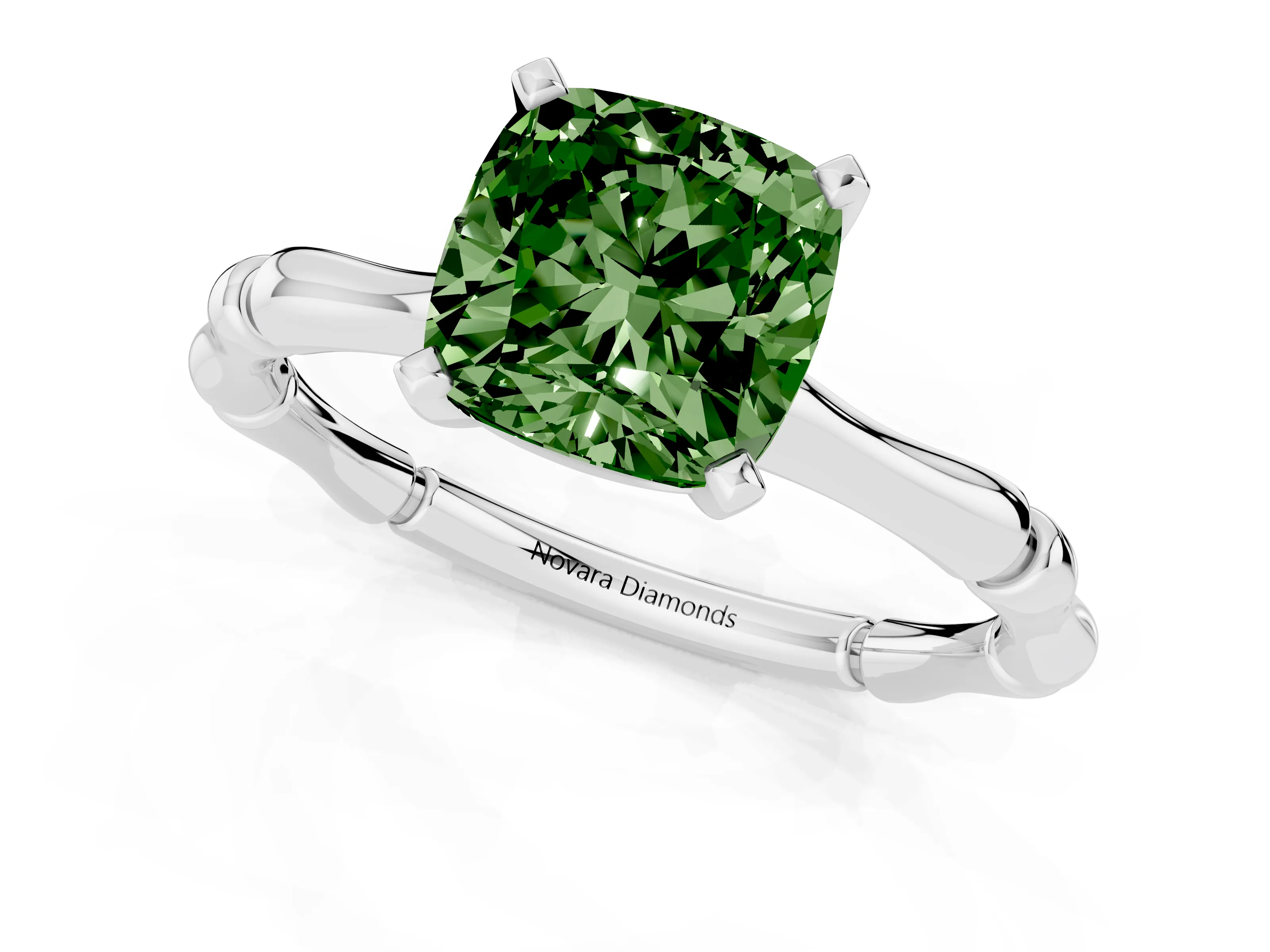 Fancy Green Cushion Cut Diamond Solitaire Ring Set in Silver with Bamboo Band and Prong Setting