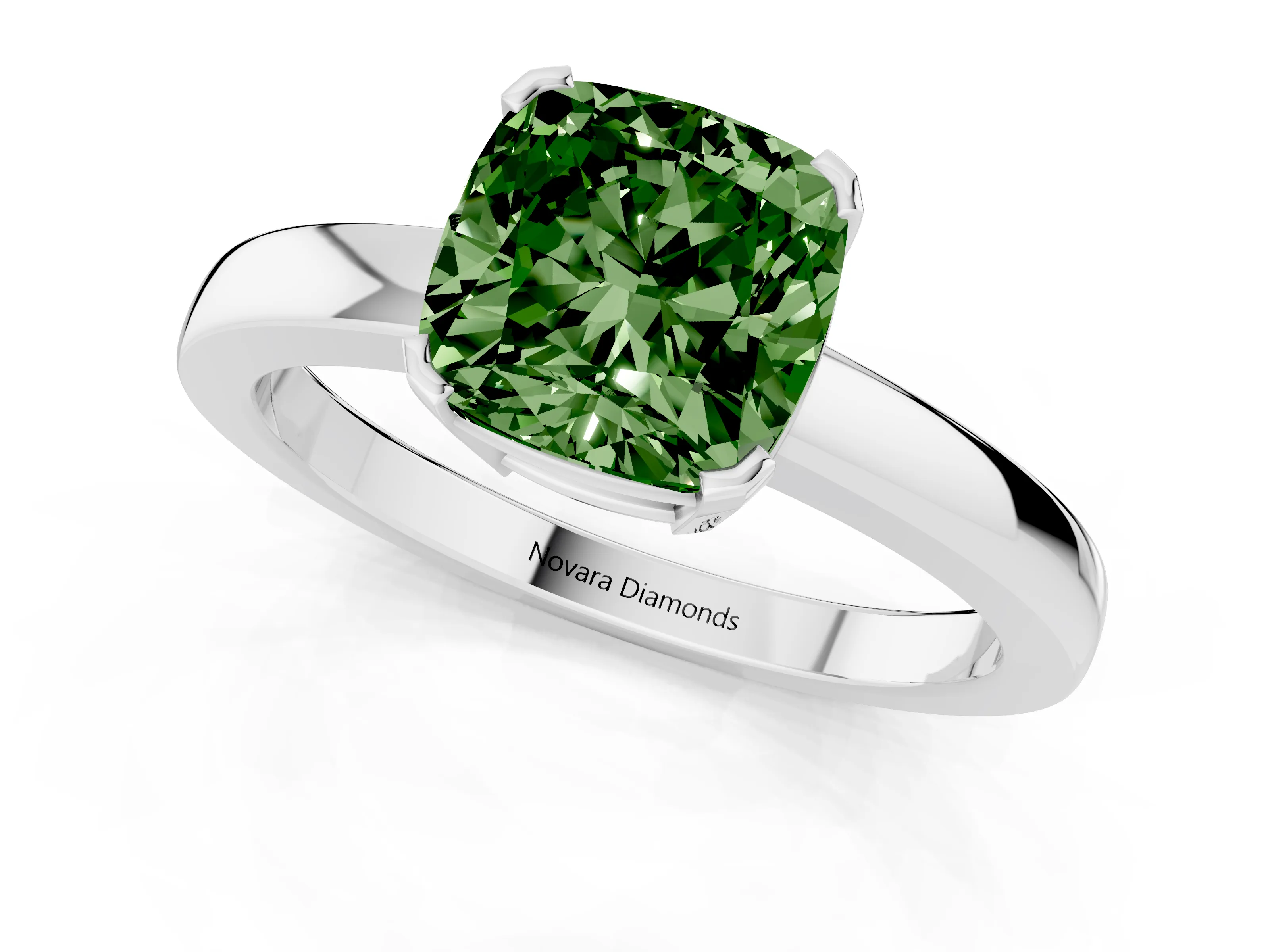 Fancy Green Cushion Cut Diamond Solitaire Ring Set in White gold with Prong Head and Smooth Polished Band