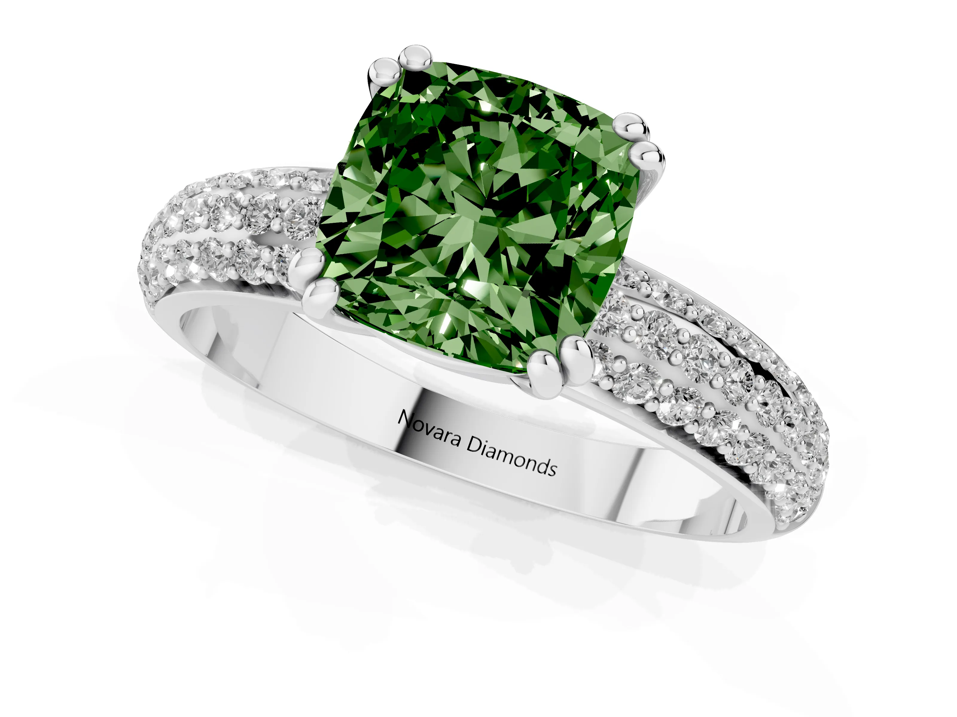 Fancy Green Cushion Cut Diamond Solitaire Ring Set in White gold with Multi-Row Round Pavé Band and Prong Setting