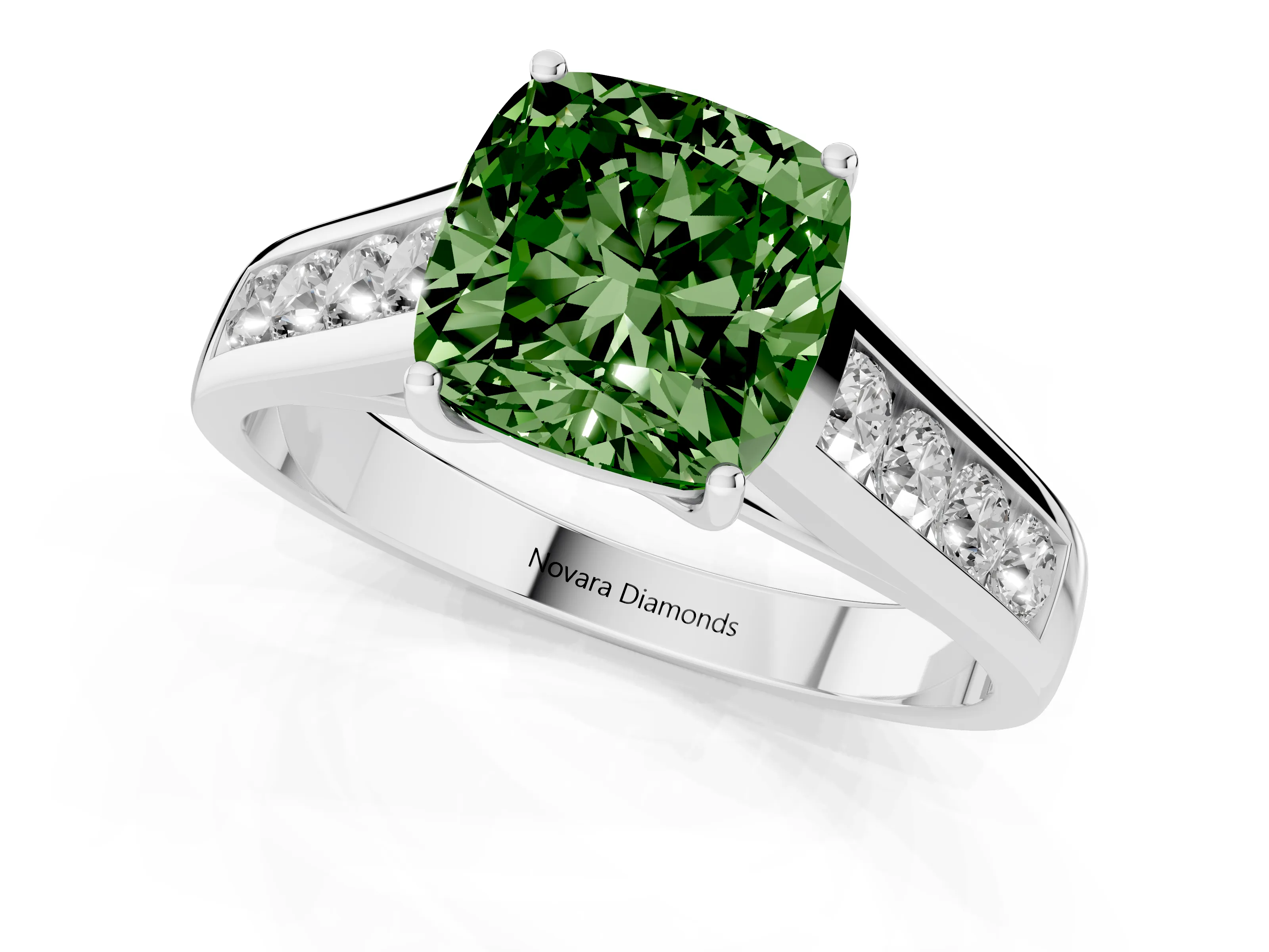 Fancy Green Cushion Cut Diamond Brilliant Channel-Set Solitaire Ring Set in Silver with Prong Setting
