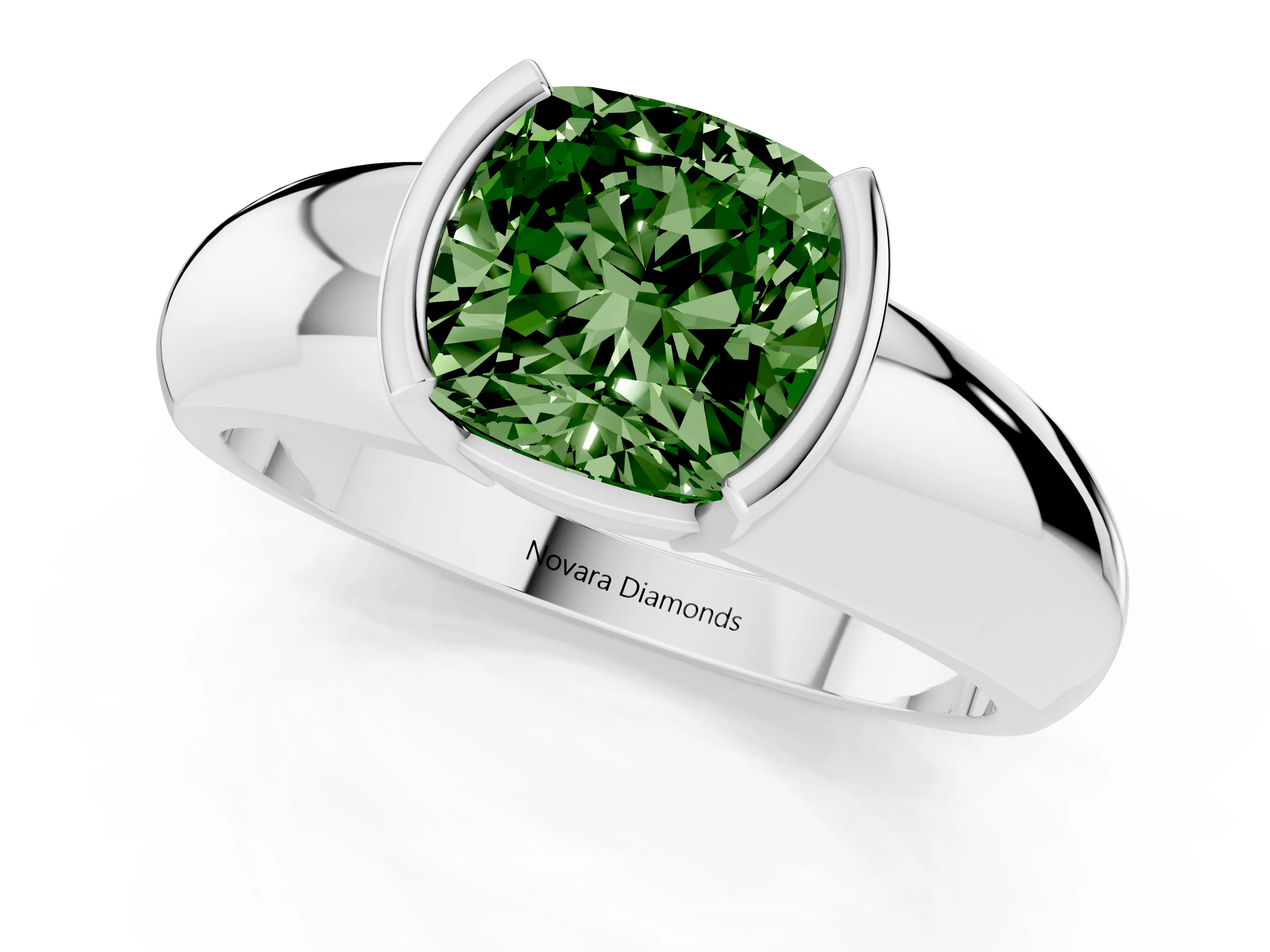 Fancy Green Cushion Cut Diamond Solitaire Tension Set Ring Set in White gold with Wide Band