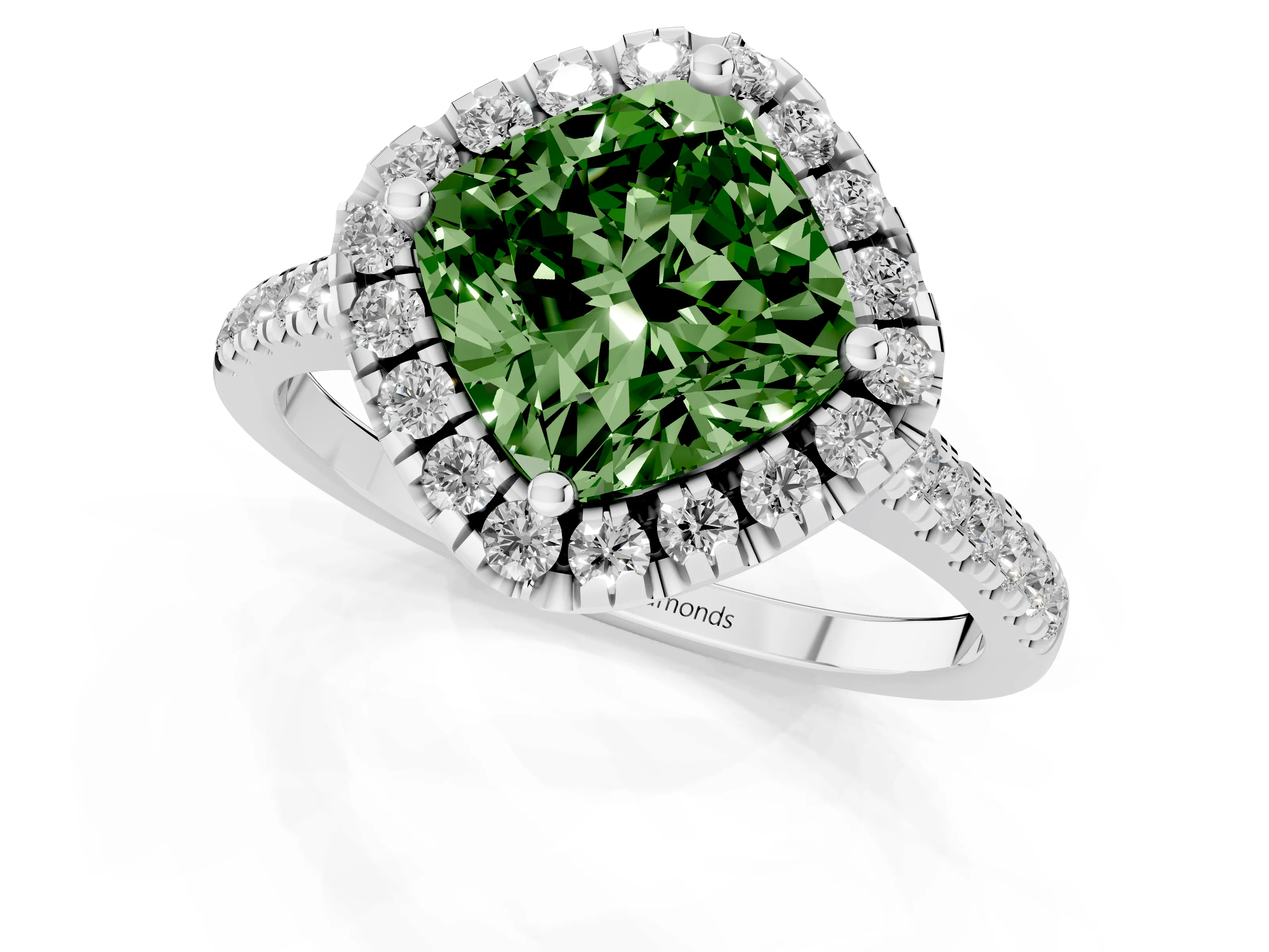 Fancy Green Cushion Cut Diamond Cushion Halo Ring Set in Silver with Pavé Band