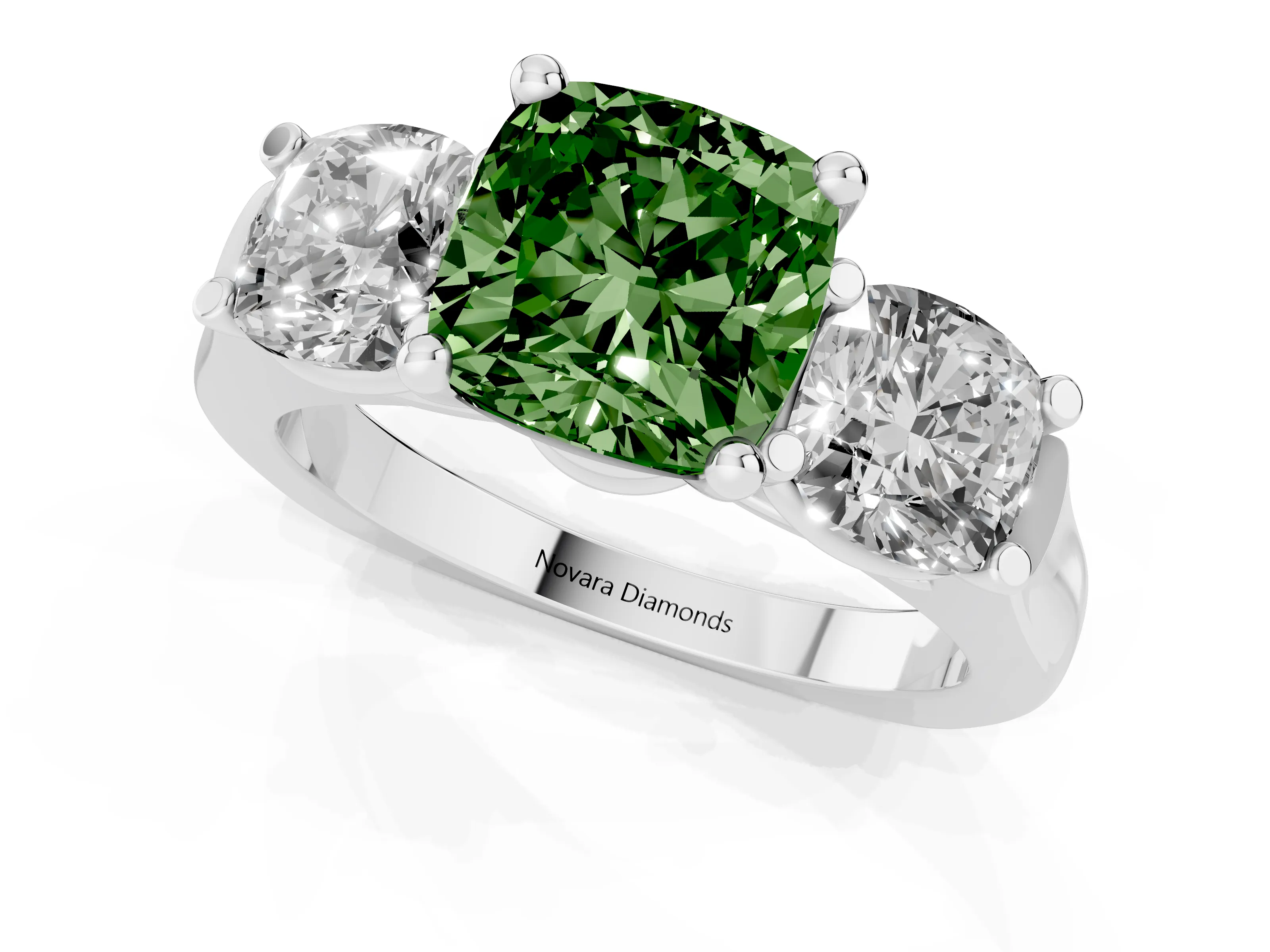 Fancy Green Cushion Cut Diamond Three-Stone Trellis Ring Set in Platinum with Comfort Fit Band