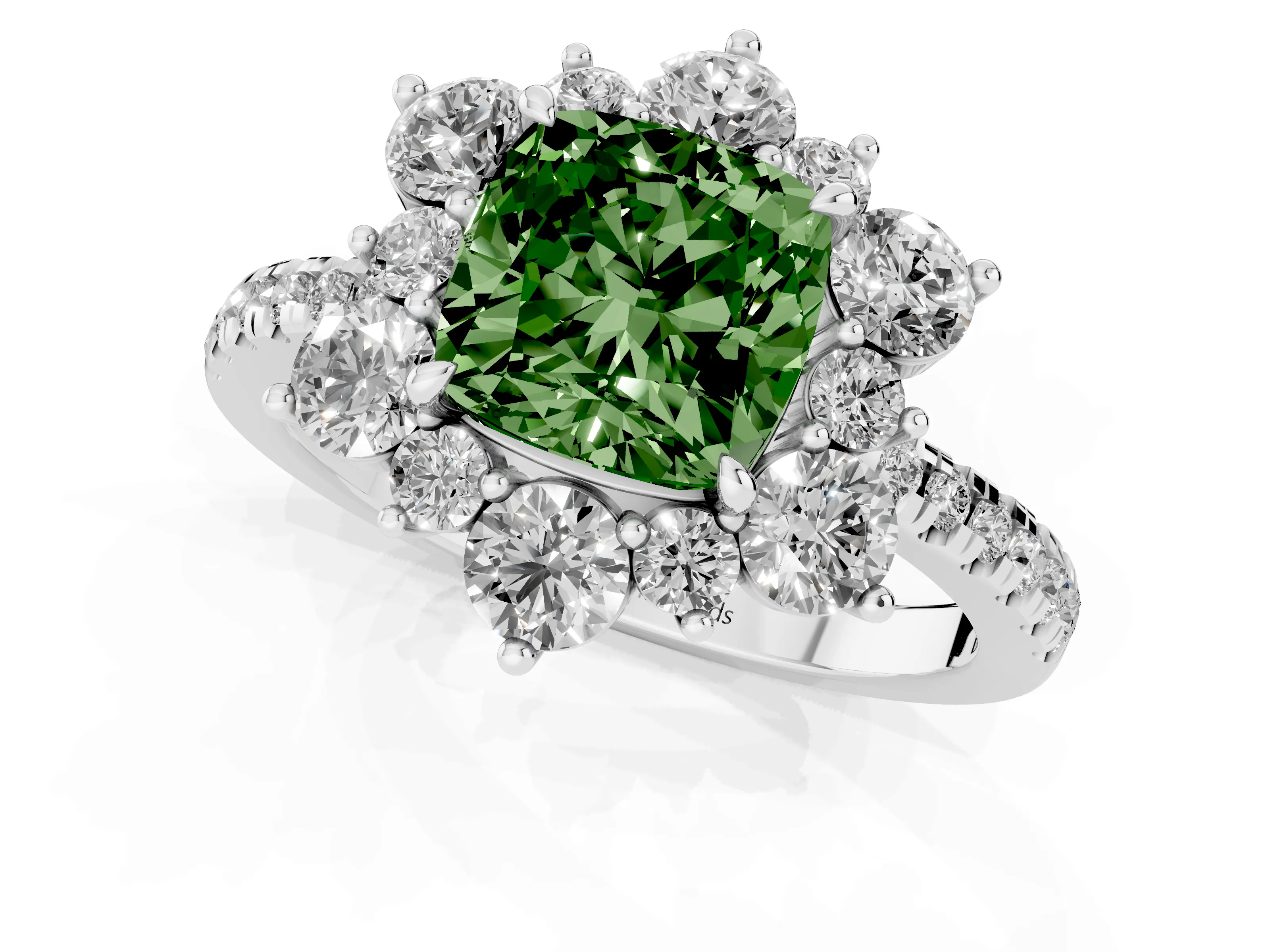 Fancy Green Cushion Cut Diamond Floral Halo Ring Set in Platinum with Round Pavé Band and Prong Setting